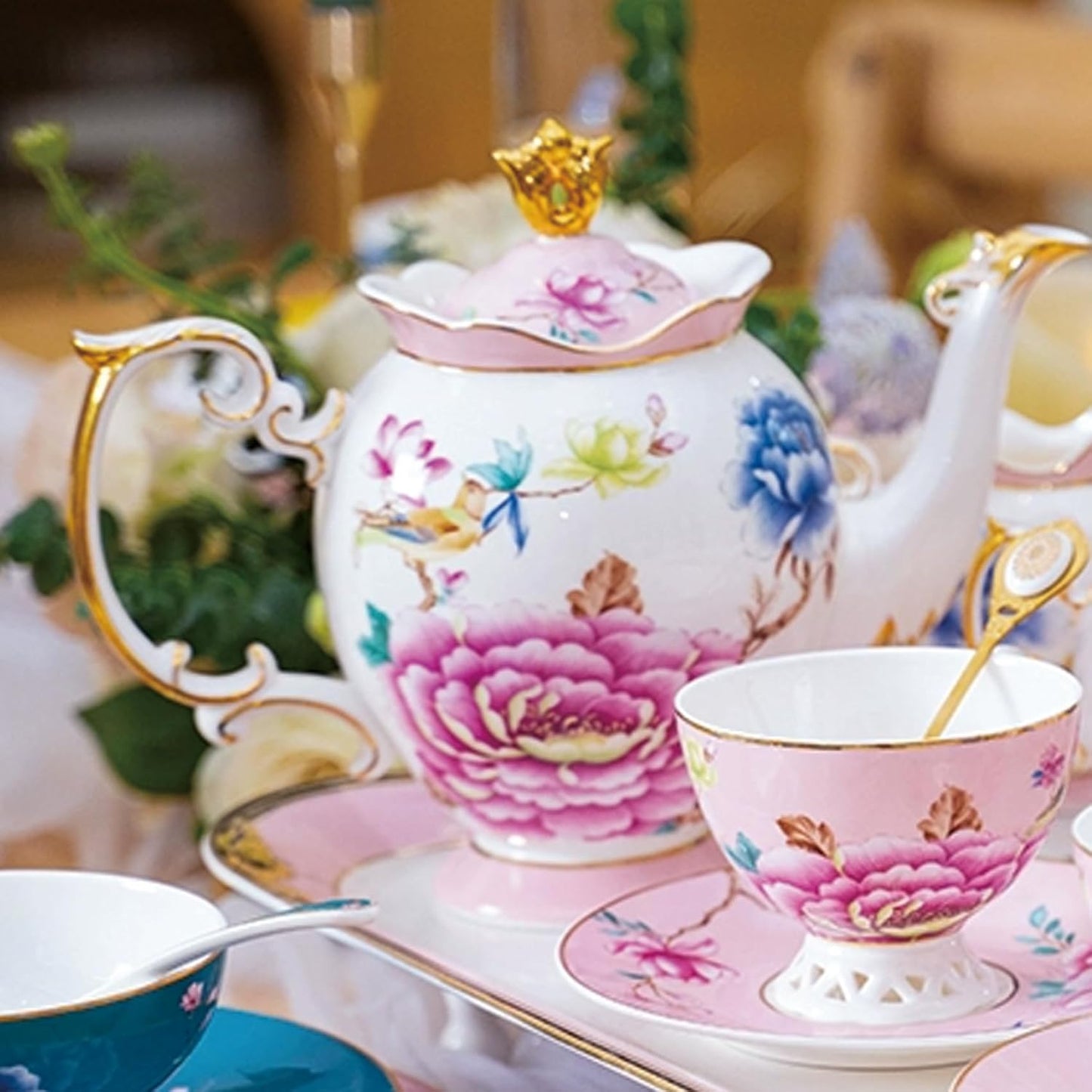 ACMLIFE Tea Set for Adults- Fine China Tea Set for 6, 21-Piece Vintage Coffee Set English Porcelain Tea Pot Sets for Adult Tea Party for Women Gift (Pink, Extra Large 21)