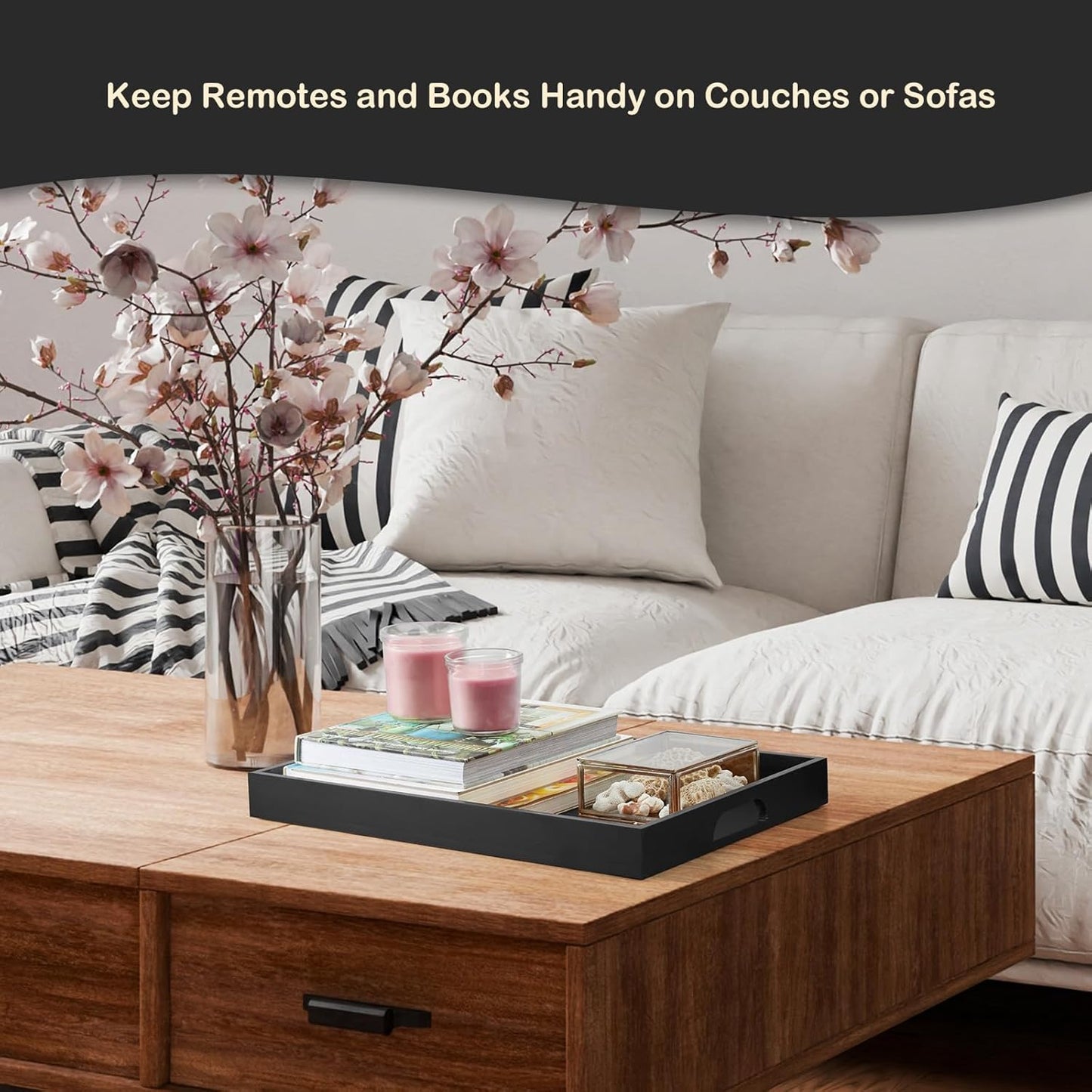 17 Inch Black Wood Serving Tray with Handles, Large Wooden Tray for Ottoman, Breakfast in Bed, Coffee Table, Dinner, Perfect for Living Room Bedroom Entryway and Kitchen