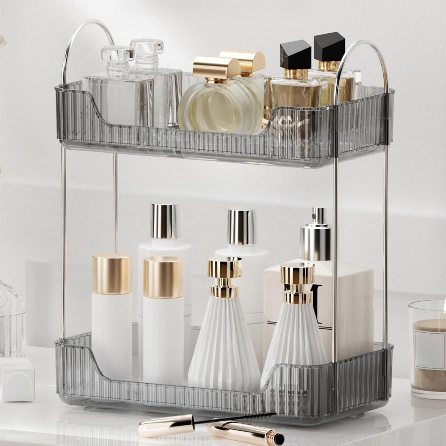 YCIA&DONE Bathroom Organizer Countertop, Makeup Storage, Skincare Cosmetic Tray Shelf, Perfume Holder Rack for Vanity Counter, Large Capacity, Easy to Install, Clean, 2 Tiers, Smoky Gray