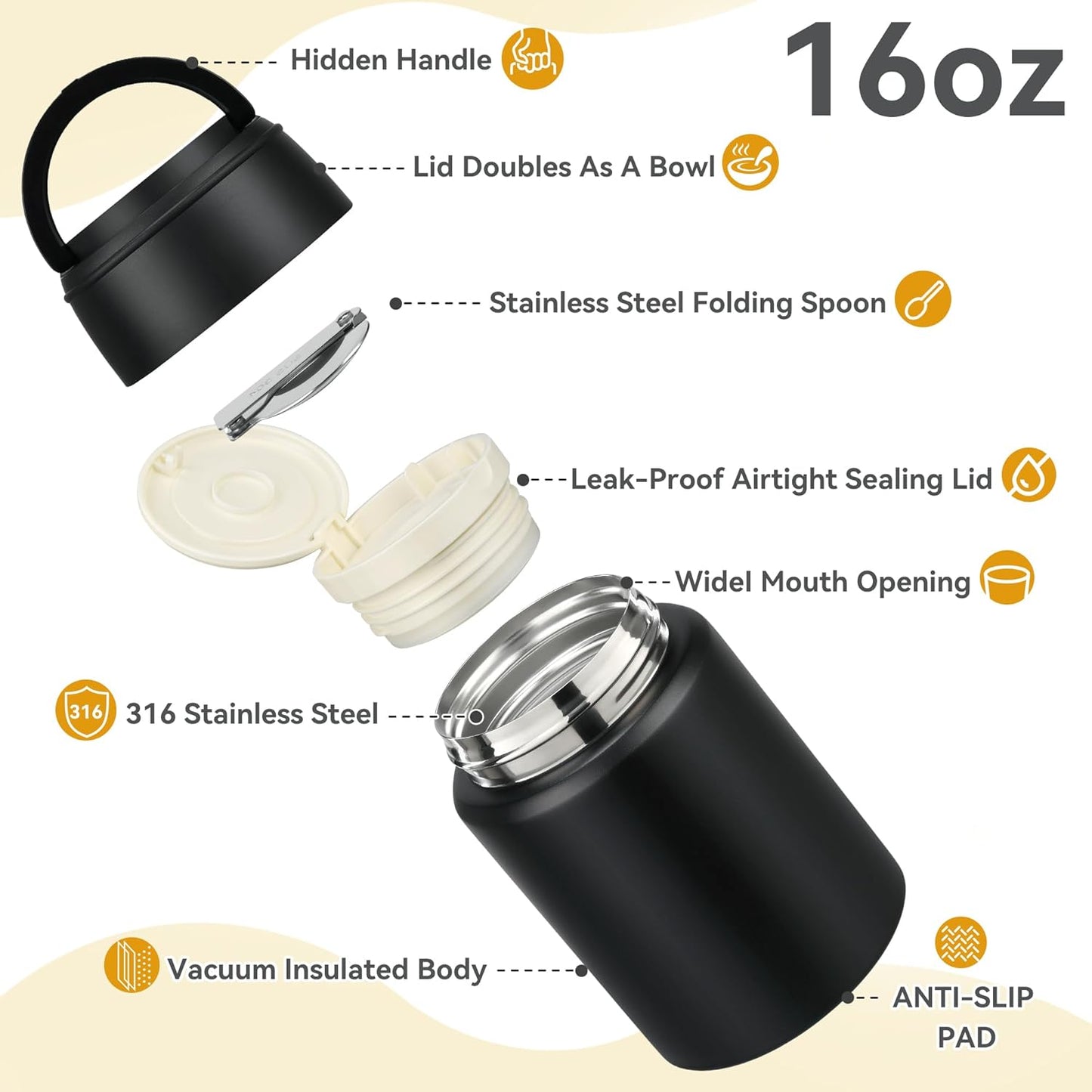 Soup Thermo for Hot Food Kids 16oz Insulated Food Jar Leakproof Thermo Lunch Container for Kids Wide-Mouth Stainless Steel Lunch Box for School with Handle Folding Spoon(3+)