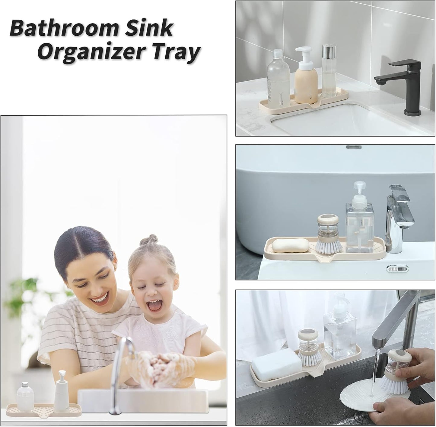 Silicone Bathroom Soap Dishes with Drain Spout-Bathroom and Kitchen Sink Organizer,Sponge Holder,Dish Soap Tray,Perfect for Dispenser,Scrubber,Bottle,Cup on Sink or Counter-Tapioca 12"×4"