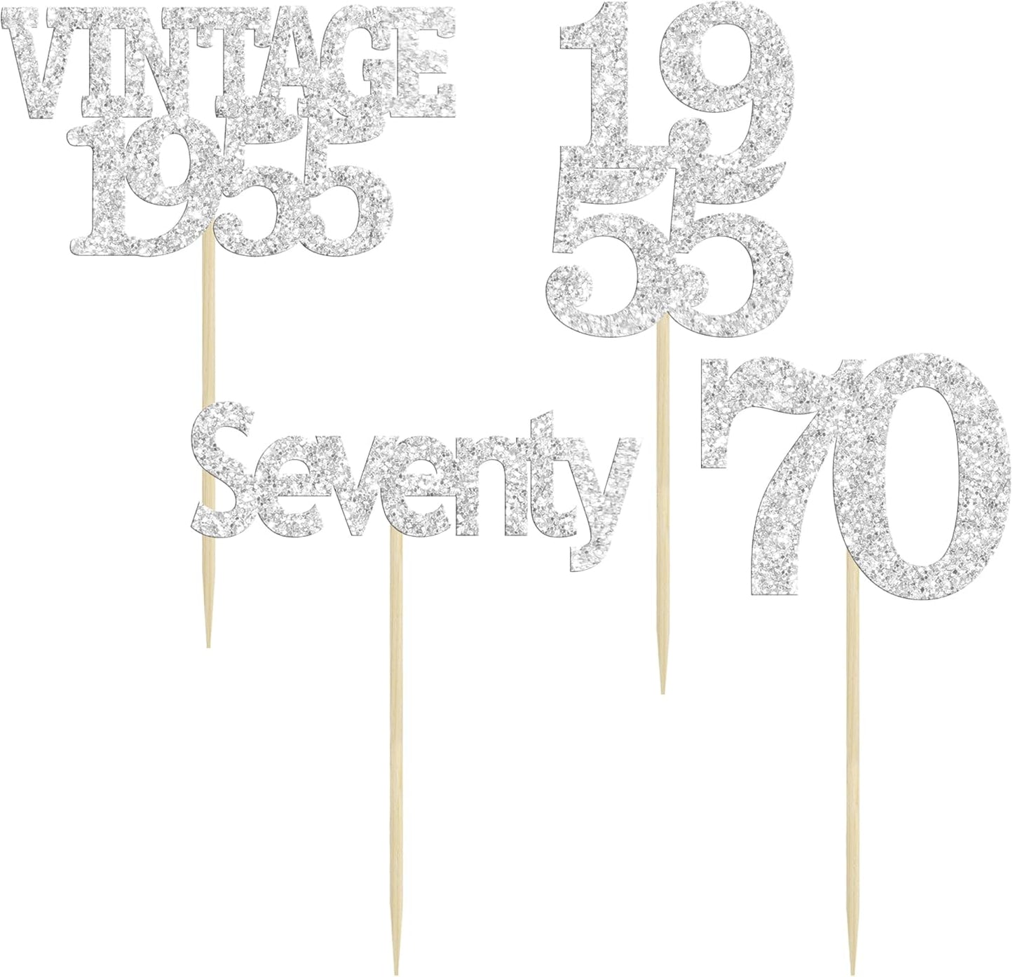 Gyufise 24Pcs 70th Birthday Cupcake Toppers Glitter Cheers to 70 Fabulous Seventy Vintage 1955 Cupcake Picks 70th Birthday Wedding Anniversary Party Cake Decorations Supplies Silver