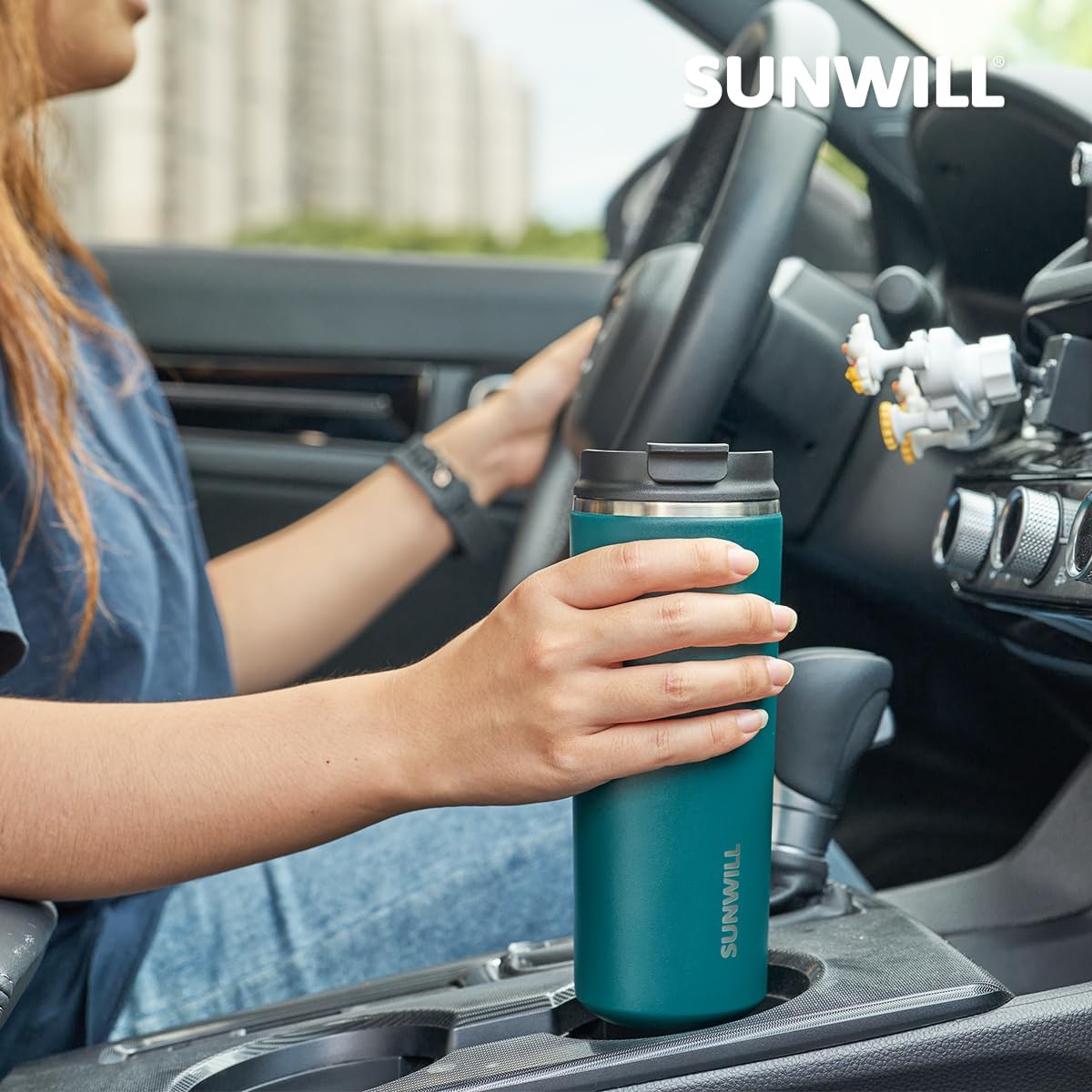 SUNWILL Travel Coffee Mug with Lid, Leak Proof Tumbler Stainless Steel, 16 oz Insulated Cup for Water, Tea, Ice, Powder Coated Peacock Blue