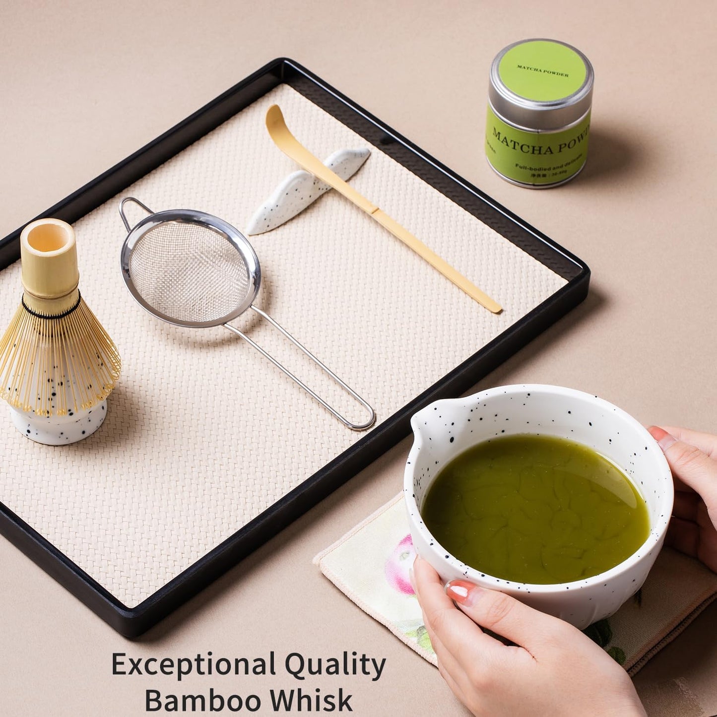 7Pcs Japanese Matcha Tea Set, Matcha Kit with Matcha Bowl (with Pouring Spout), Matcha Whisk, Whisk Holder, Strainer - Elegant Matcha Set for Gifting and Personal Use, Gift Box Packaging (white)
