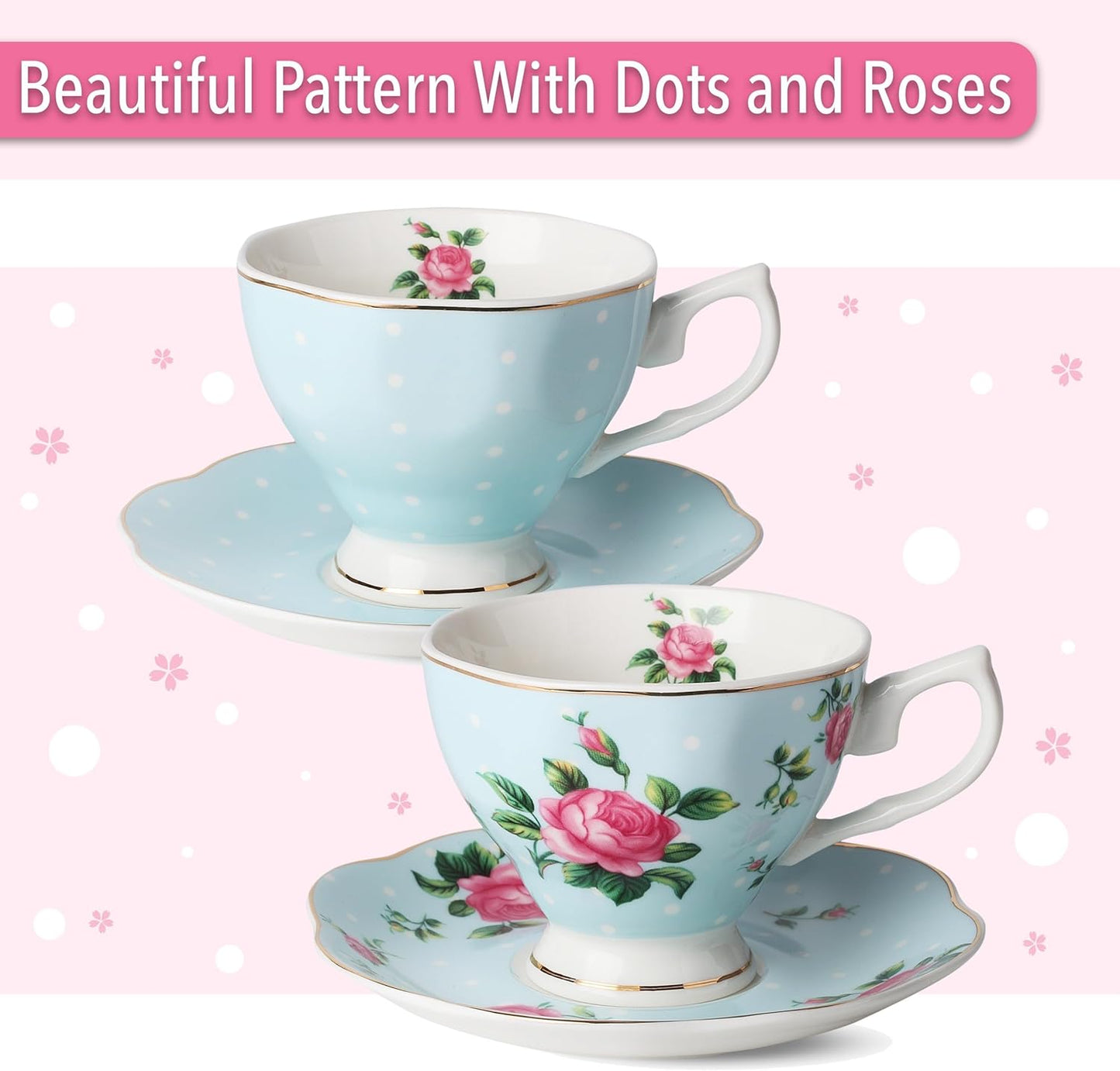 BTaT- Floral Tea Sets for Adults, 13 pcs, Service for 4, Pot (38 oz) & Cups (8 oz) with Saucers, Pastel Blue Floral Design, Porcelain Tea Set for Adult, Dishwasher Safe