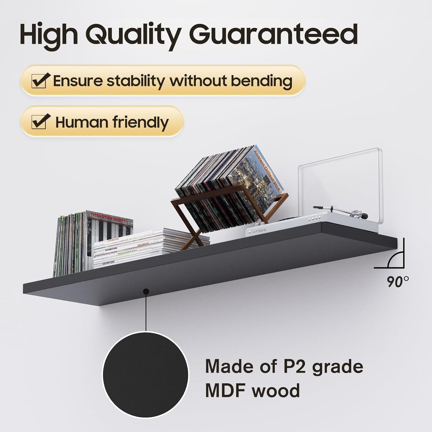 Floating Shelf, Set of 3 Wall Shelf, 36 in W x 12.75 in D x 2 in H Wooden Floating Wall Shelf with Invisible Brackets for Living Room/Bedroom/Bathroom/Kitchen Storage and Decor, Black