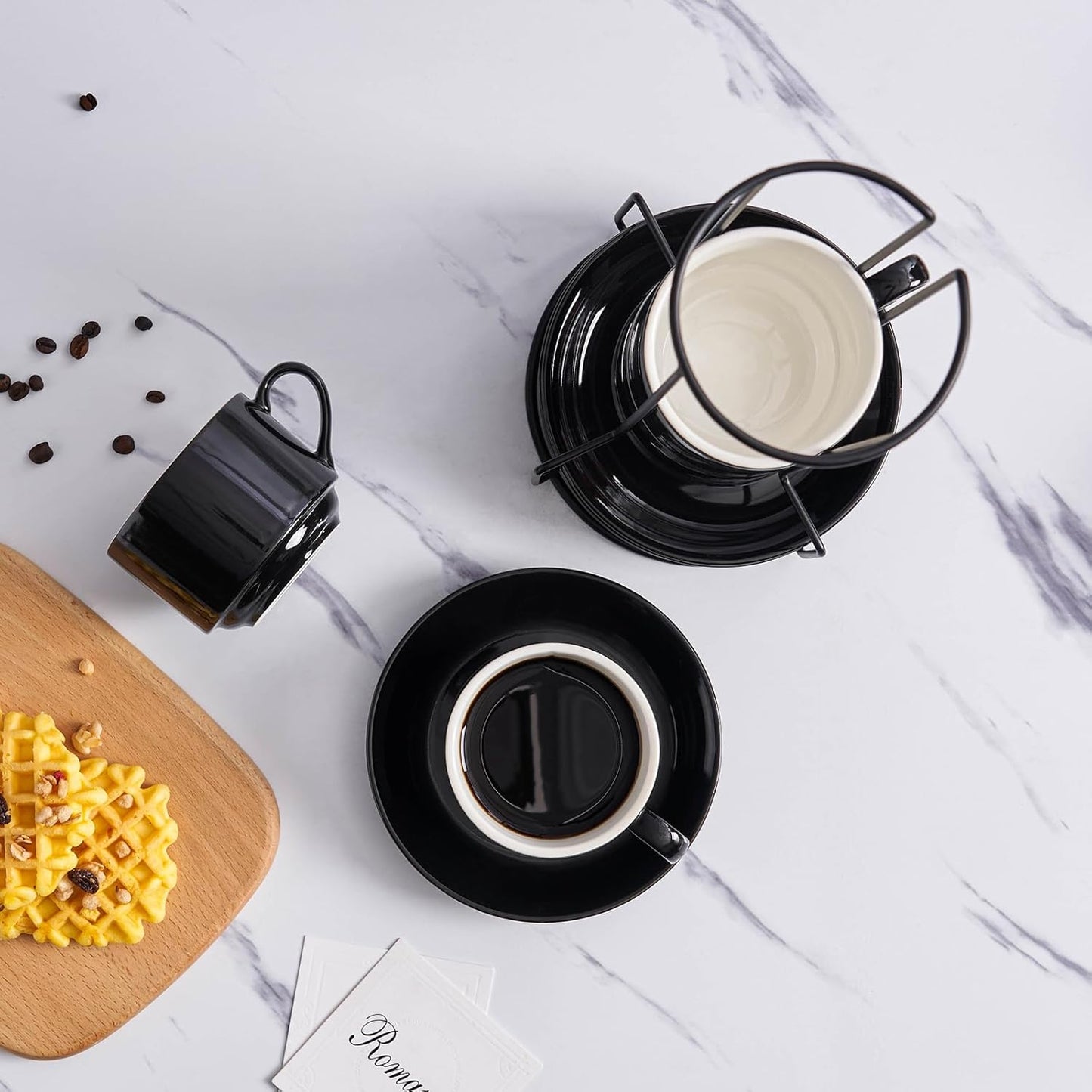 YOLIFE 8oz Porcelain Stackable Cappuccino Cups with Saucers and Metal Stand Set of 4, Coffee cups for Espresso, Specialty Coffee Drinks, Latte, Americano and Tea - Black