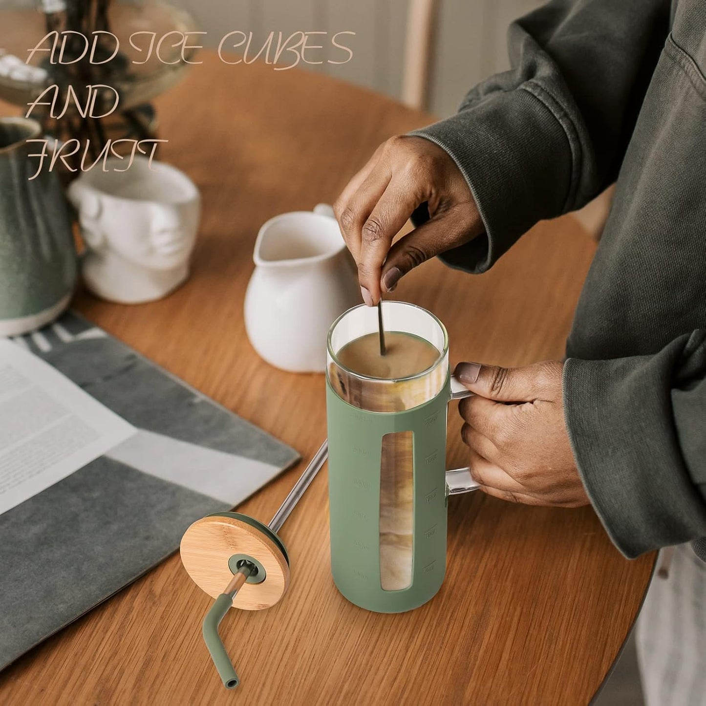 Kodrine Tumbler with Lid and Straw, 20 oz Glass Coffee Tumbler with Handle, Smoothie Cup with Bamboo Lid | Time Marker | Silicone Protective Sleeve, BPA Free - Olive