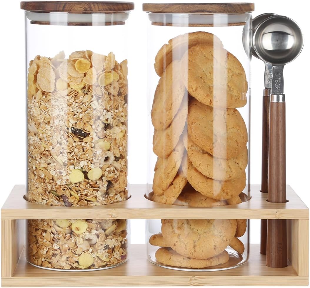 KKC HOME ACCENTS Clear Glass Food Storage Canisters with Airtight Wooden Lids and Scoops,Air Tight Sealed Glass Canisters with Spoons for Ground Coffee and Beans,Loose Tea,Flour,Sugar,47 Fl oz