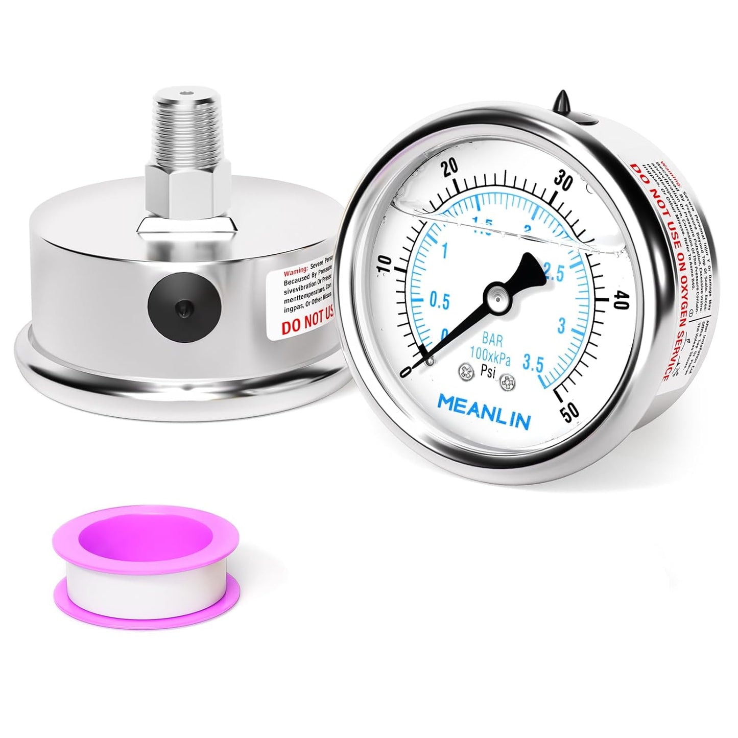 MEANLIN MEASURE 0~50Psi Liquid Filled Pressure Gauge Stainless Steel with 316 Stainless Steel Joint 1/4" NPT 2.5" FACE DIAL for Pool Sand Filter Water Oil Air Pressure Test Center Back Mount