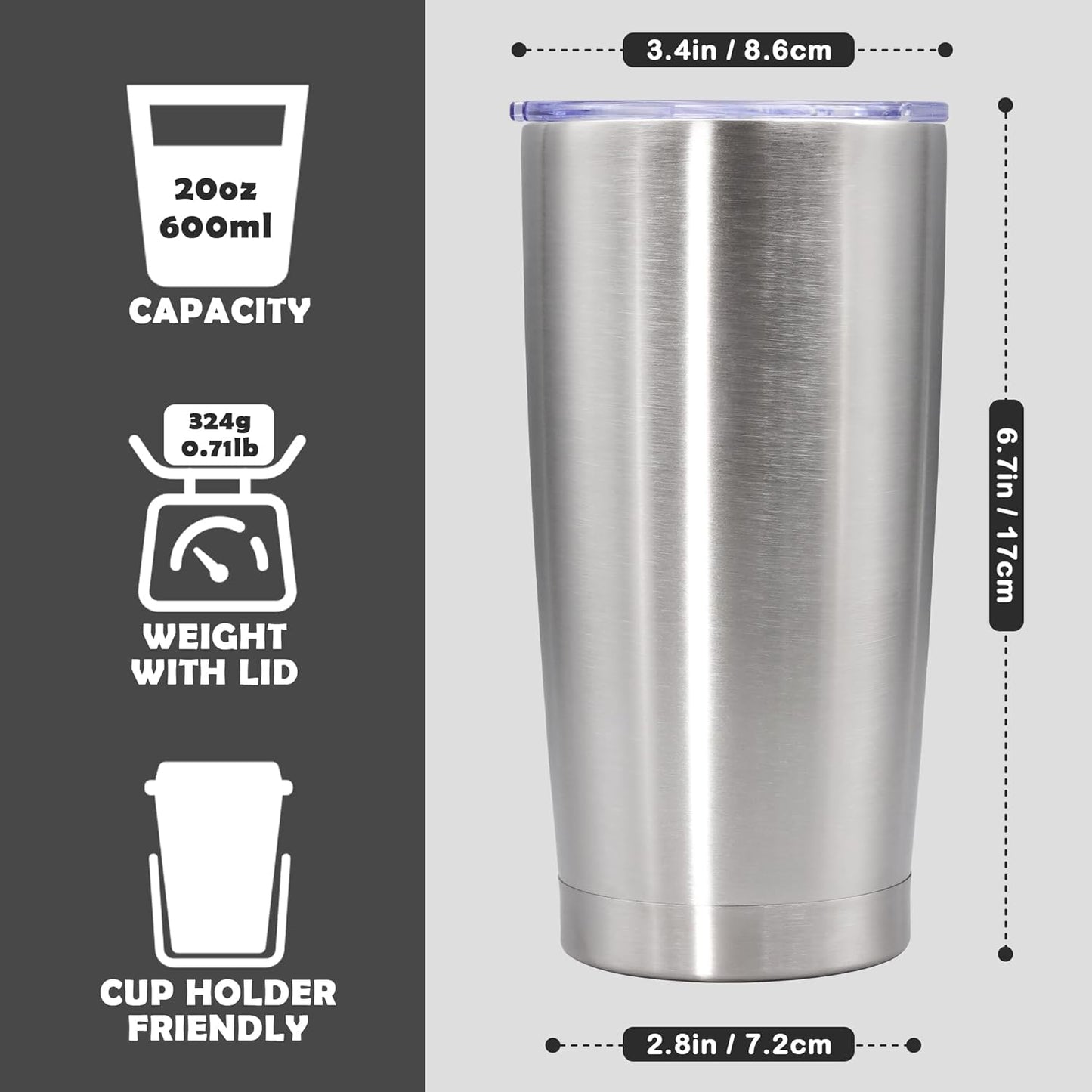 20oz Tumbler Bulk Stainless Steel Tumbler Cup with Lid Vacuum Insulated Double Wall Travel Mug, Durable Powder Coated Travel Coffee Tumbler Mug for Hot & Cold Drinks, Stainless Steel,8 Pack