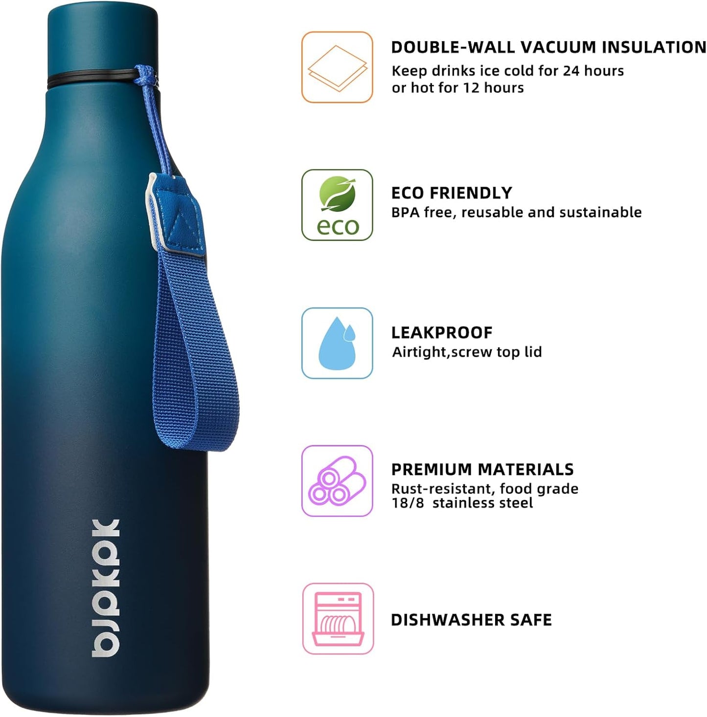 BJPKPK Insulated Water Bottles, 25 oz Stainless Steel Metal Water Bottle with Strap, BPA Free Leak Proof Thermos, Mugs, Flasks, Reusable Water Bottle for Sports & Travel, Sea