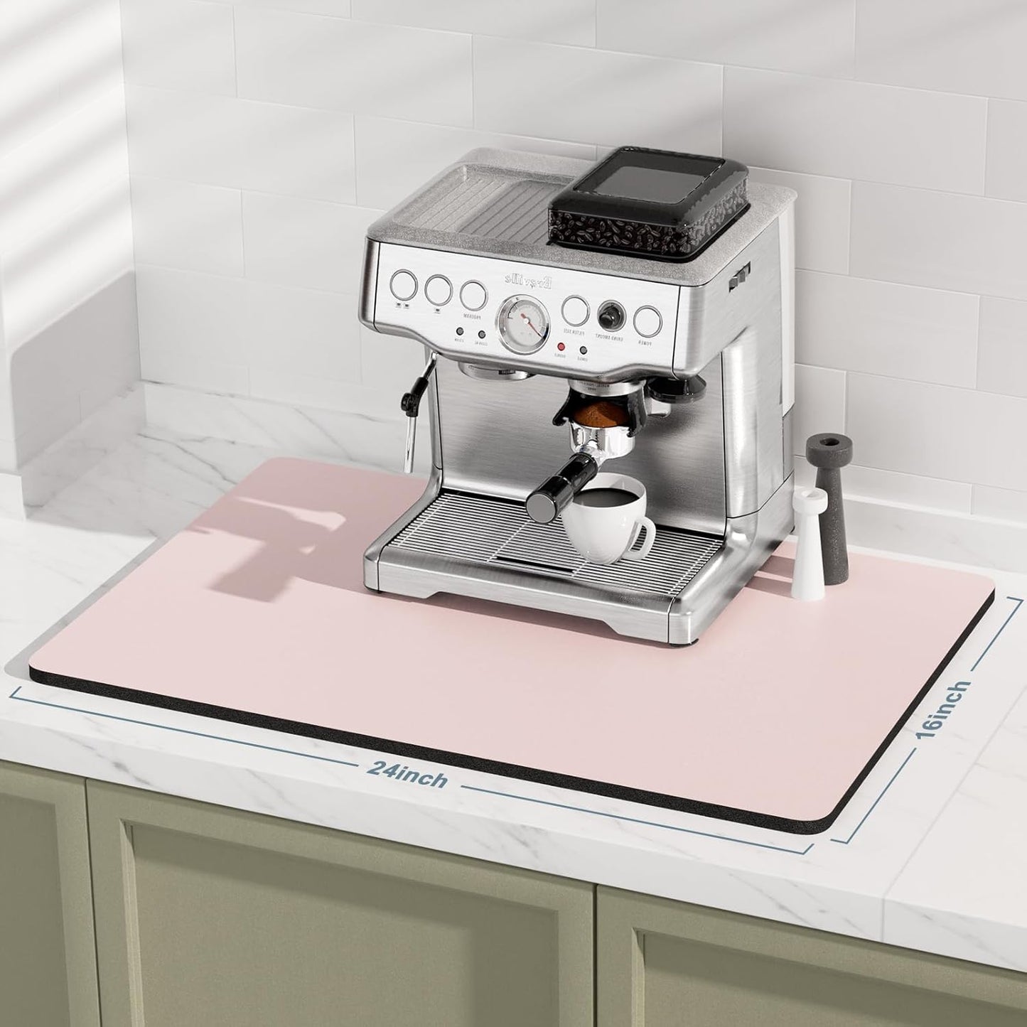 Rnivvi Coffee Mat, 16" x 24" Coffee Bar Mats for Espresso Machine Station Accessories and Organizer, Hide Stain Rubber Backed Absorbent Dish Drying Pad for Kitchen Counter, Cute Bar Decor Pad, Pink