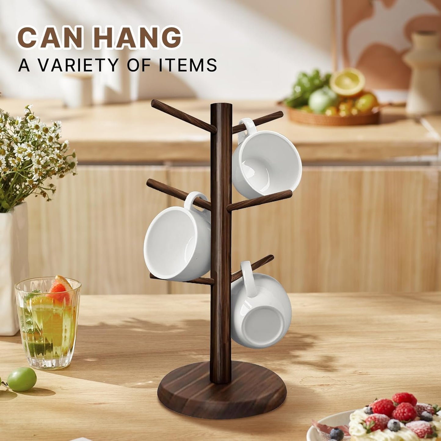 Wooden Mug Holder Tree, Coffee Cup Holder, Mug Organizer with 6 Hooks (Burnt)