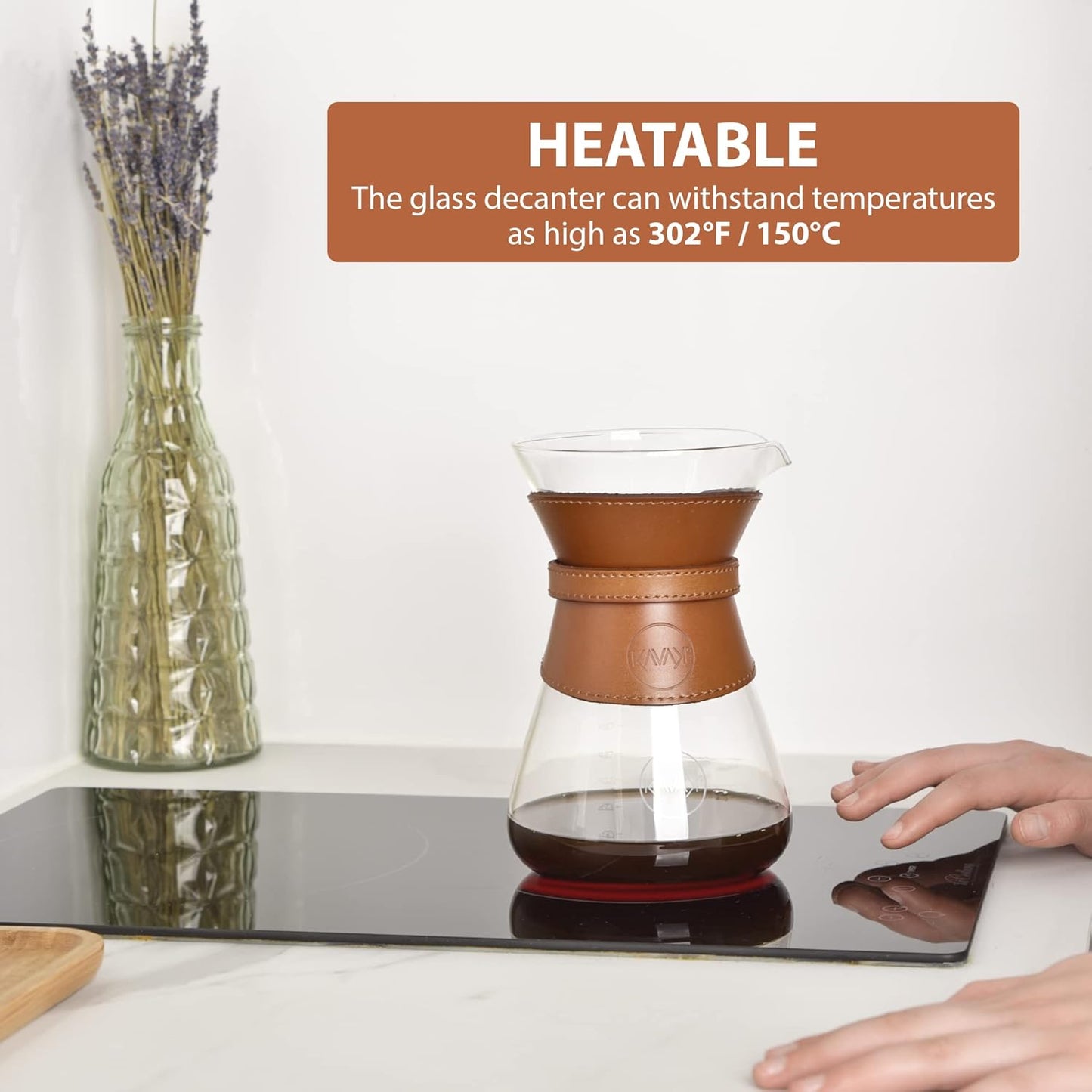 Pour Over Coffee Maker Set with Double-Layer Stainless Steel Filter, Coffee Dripper, Cork Lid and Leather Collar Holder - High Heat Resistance Borosilicate Glass Carafe, Great Gift Idea (37 oz)