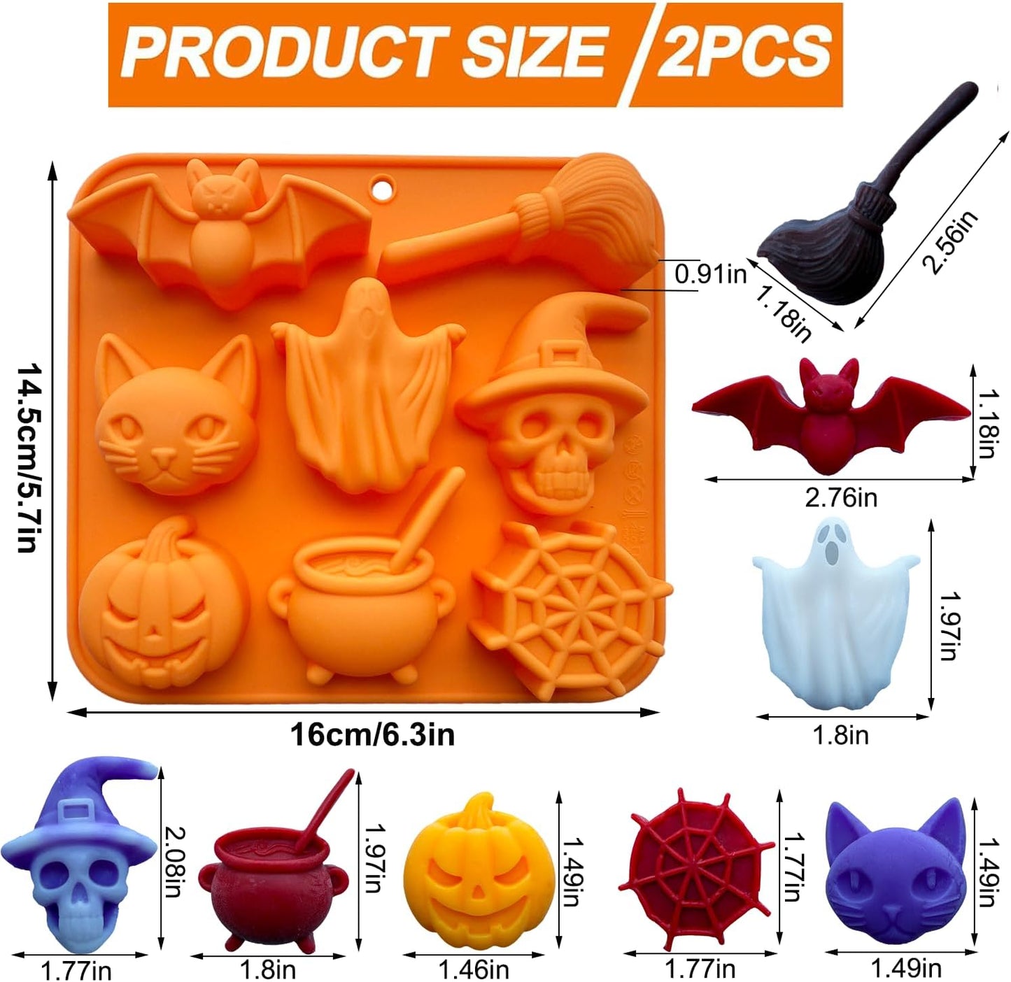 2 Pack Halloween Chocolate Candy Silicone Mold Halloween Molds Ghost Pumpkin Bat Skull Witch Hat Gummy Fondant Baking Mold for DIY Ice Cube Sugar Halloween Party Cupcake Cake Decorating