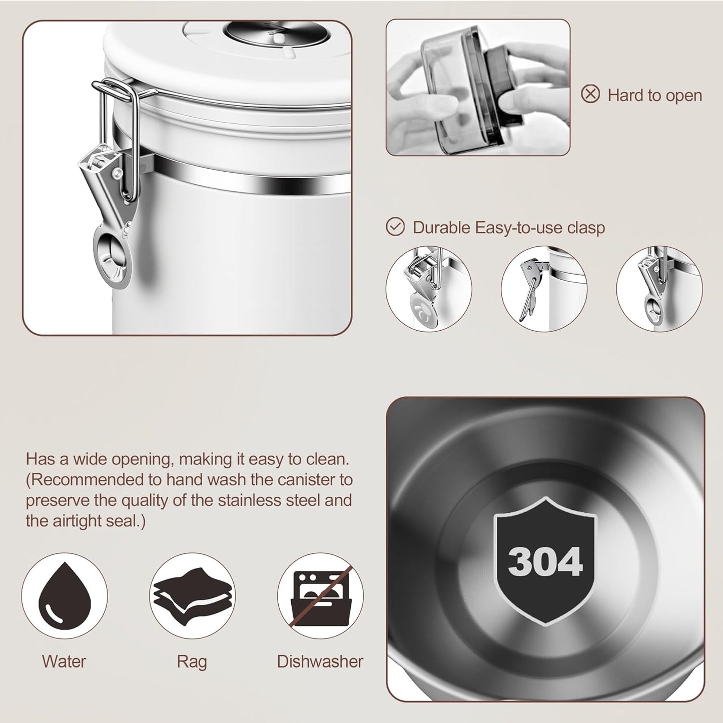 ShanSon Coffee Canister Airtight Coffee Container Stainless Steel Coffee Bean Storage Container with Scoop Coffee Canister for Beans Grounds Sugar Flour Tea Cereal,16OZ, White