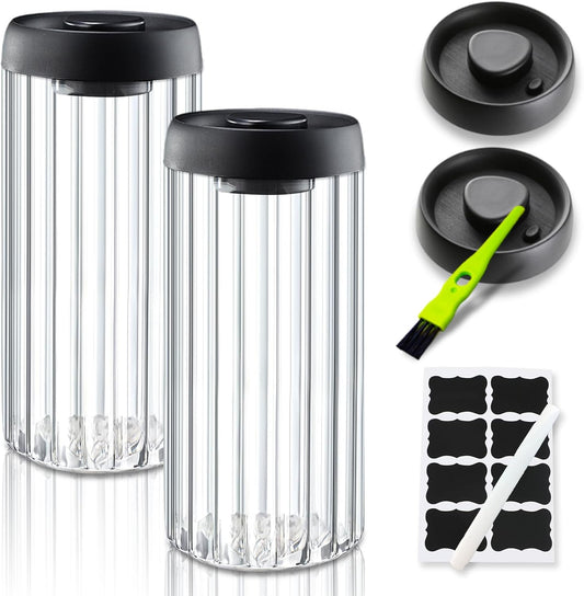 Vacuum Coffee Canister,2PCS 61FLOZ Borosilicate Glass Jar with Spare Airtight lid, Label and Brush, Coffee Bean Storage for Coffee Beans & Grounds Coffee(Clear Glass)