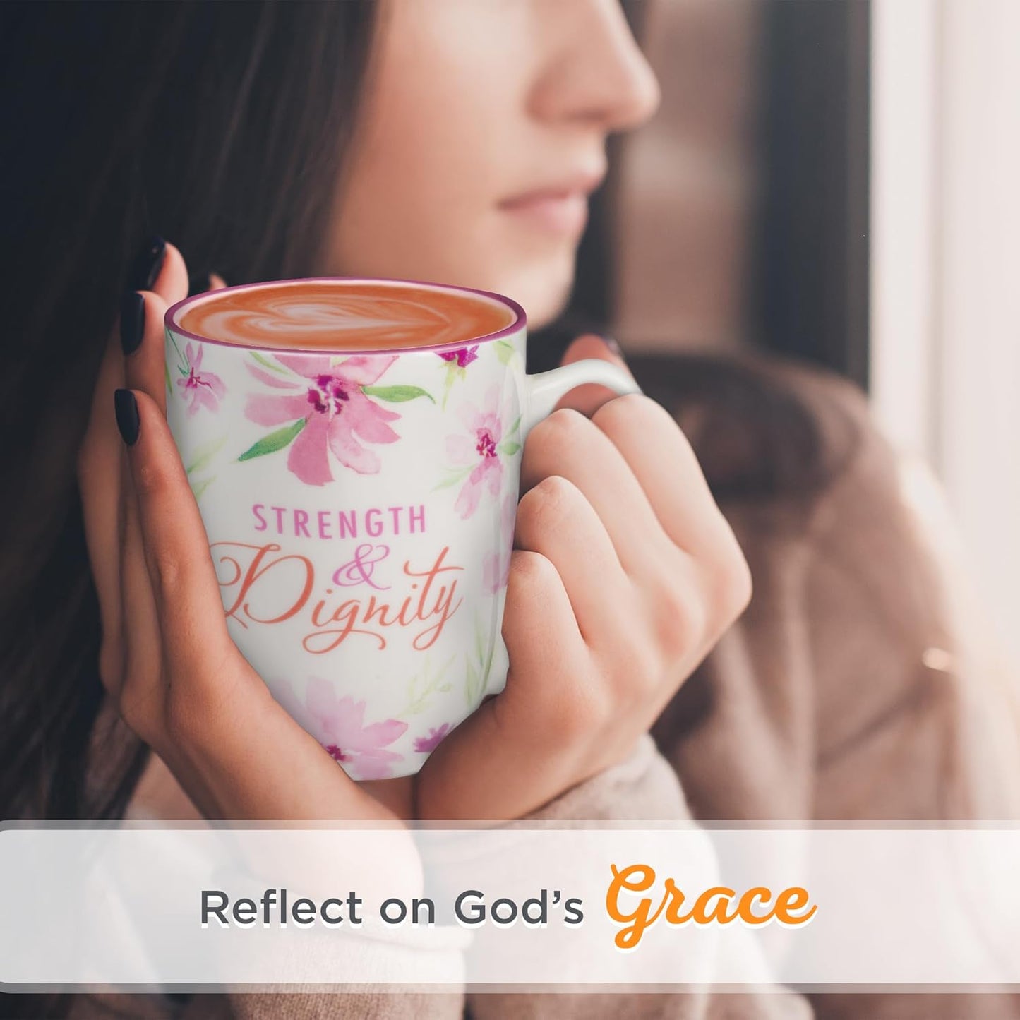 Christian Art Gifts Inspirational Ceramic Coffee & Tea Scripture Mug for Women: Strength & Dignity Encouraging Bible Verse, Microwave & Dishwasher Safe Novelty Drinkware, White & Pink Floral, 12 oz.