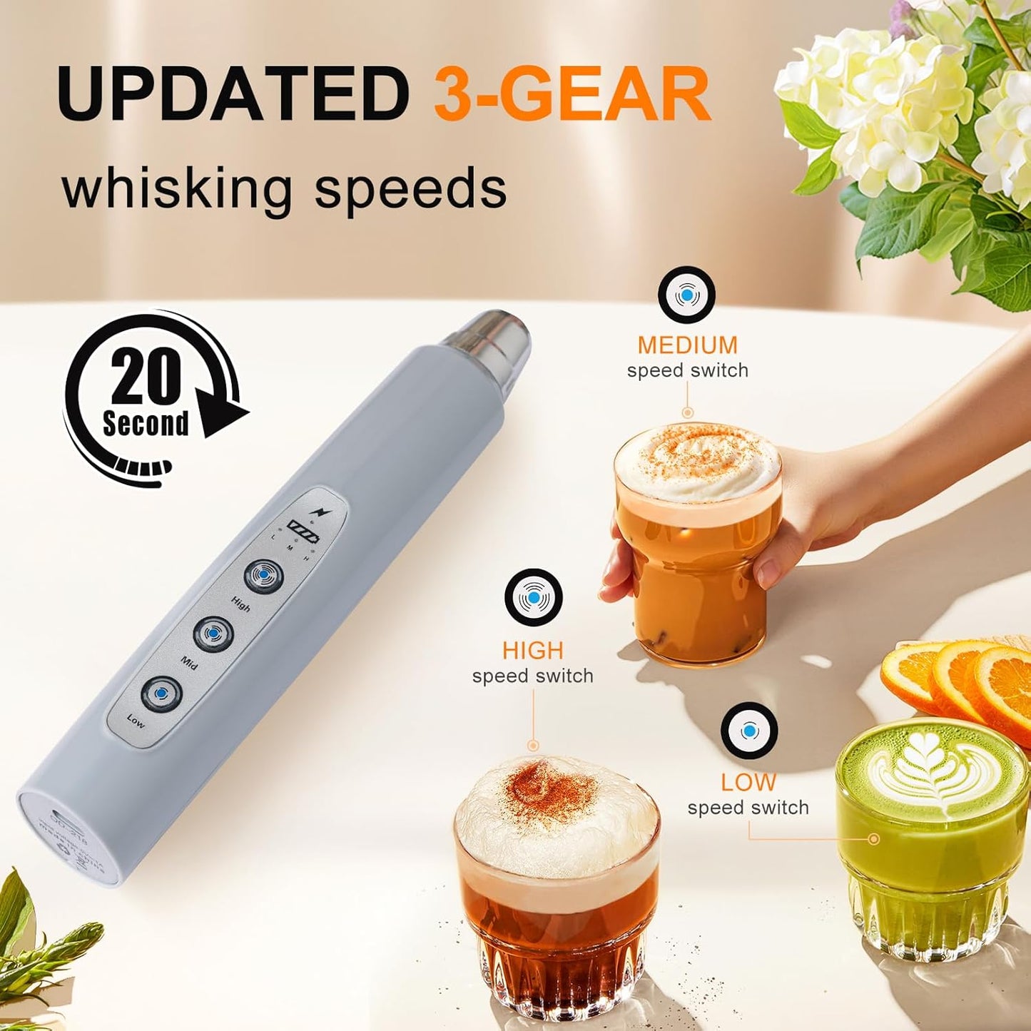 YUSWKO Handheld Milk Frother for Coffee, Rechargeable Drink Mixer with 3 Heads 3 Speeds Electric Whisk Coffee Frother For Latte, Cappuccino, Hot Chocolate, Egg - Cement Gray