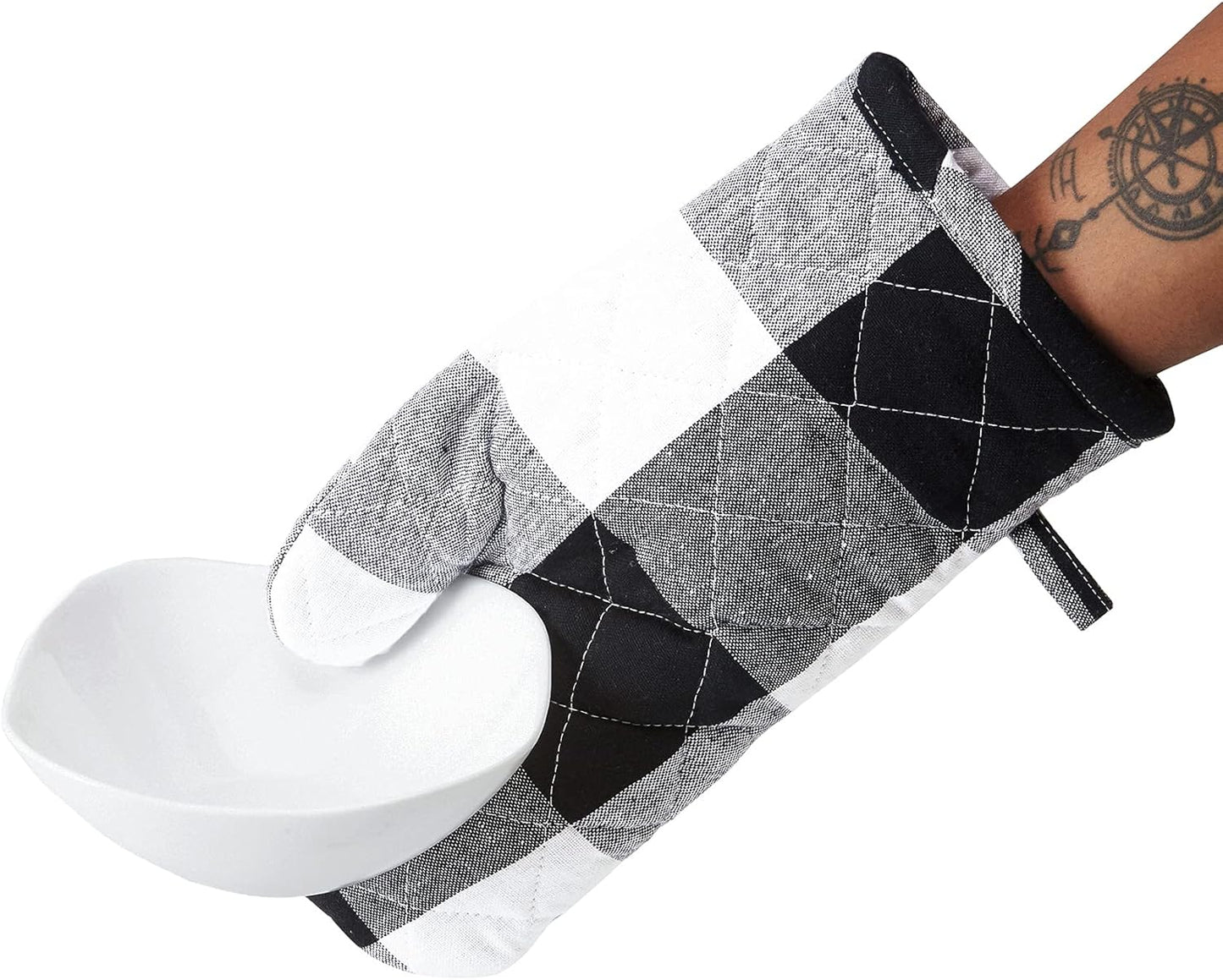 Encasa XO Long 12"x7" Oven Microwave Hand Gloves Mitts (2 pc Set) for Kitchen Cooking & Baking - Heat Resistant, Thick & Safe, Protection of Hands from Hot Utensils - Buffalo Black Checks