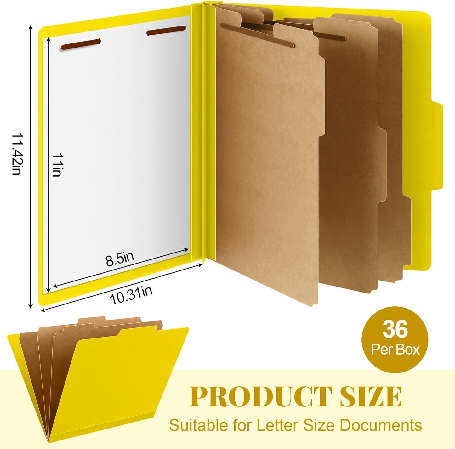 36 Pcs Classification Folders Letter Size, Back to School Supply for Teacher, Student, 3 Dividers Pressboard File Folder Bulk with 2 Fasteners, 3.5 Inch Expanding File Organizer (Yellow)