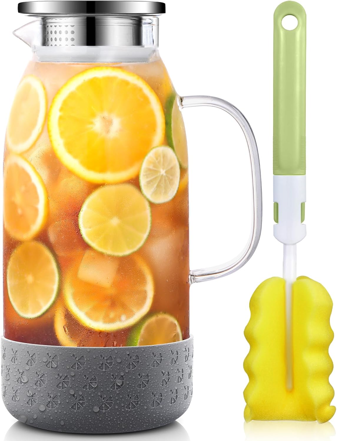 Glass Pitcher with Lid, ZBUFAN 68oz/2 Liter Glass Water Pitcher with Handle and Lid, Anti-Slip Base Juice Jug for Ice Tea, Sun Tea, Sangria, Lemonade Fridge Pitchers for Drinks Gray