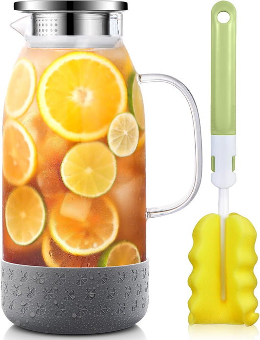 Glass Pitcher with Lid, ZBUFAN 68oz/2 Liter Glass Water Pitcher with Handle and Lid, Anti-Slip Base Juice Jug for Ice Tea, Sun Tea, Sangria, Lemonade Fridge Pitchers for Drinks Gray