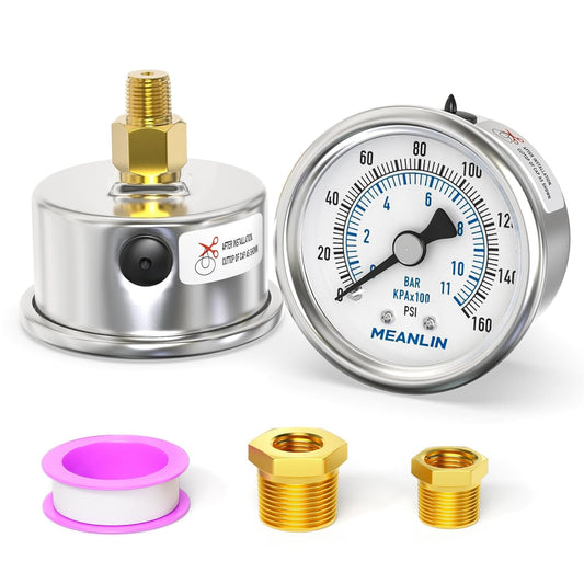 MEANLIN MEASURE 0~160Psi Dry Pressure Gauge Stainless Steel 1/8" NPT 2" FACE DIAL Waterproof for Air Compressor RV Regulator Water Pressure Tester Back Mount with 1/4" NPT and 3/8" NPT Hex Bush
