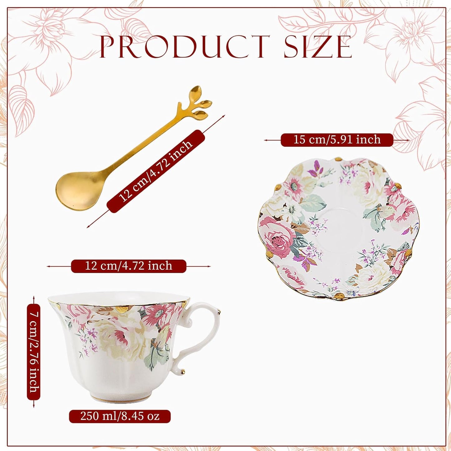 TATSUMI Country Roses Bone China Tea Cup and Saucer Set, 3 Pieces, Vintage Style, For Women and Tea Parties(Pink,1 Set)