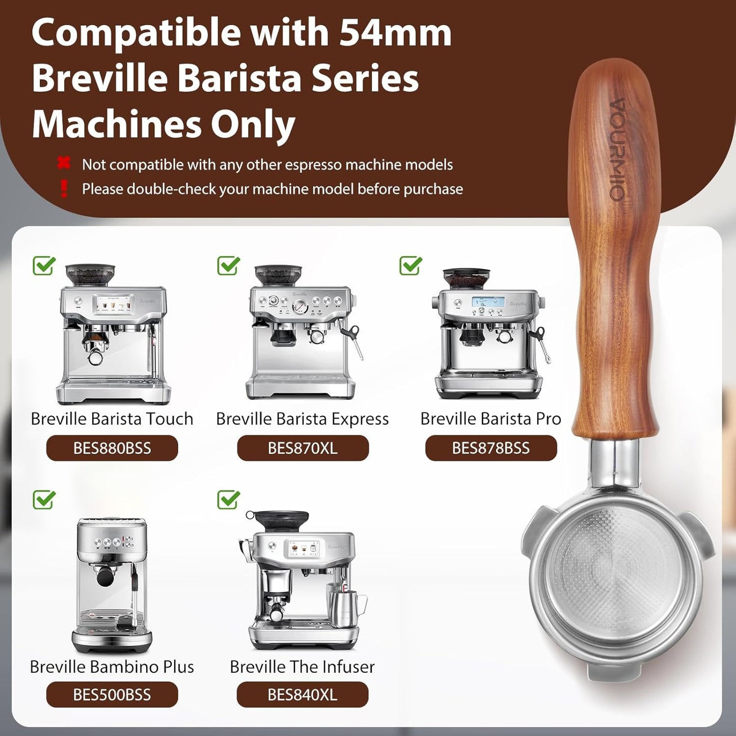 54mm Bottomless Portafilter - Breville Compatible Naked Portafilter, Rosewood Handle & 18-20g Filter Basket & Puck Screen Included, Fits Barista Express, Pro, Touch, Bambino Plus, Infuser
