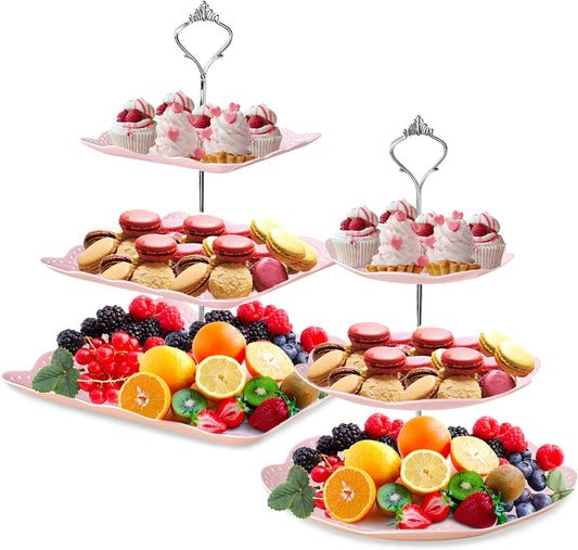 Cupcake Stand,2 Set of 3-Tier Dessert Plates Mini Cakes Fruit Candy Display Tower Cookie Tray Rack Candy Buffet Holder Plastic Cake Stand for Wedding Home Holiday Birthday Christmas Party Decor (Pink)