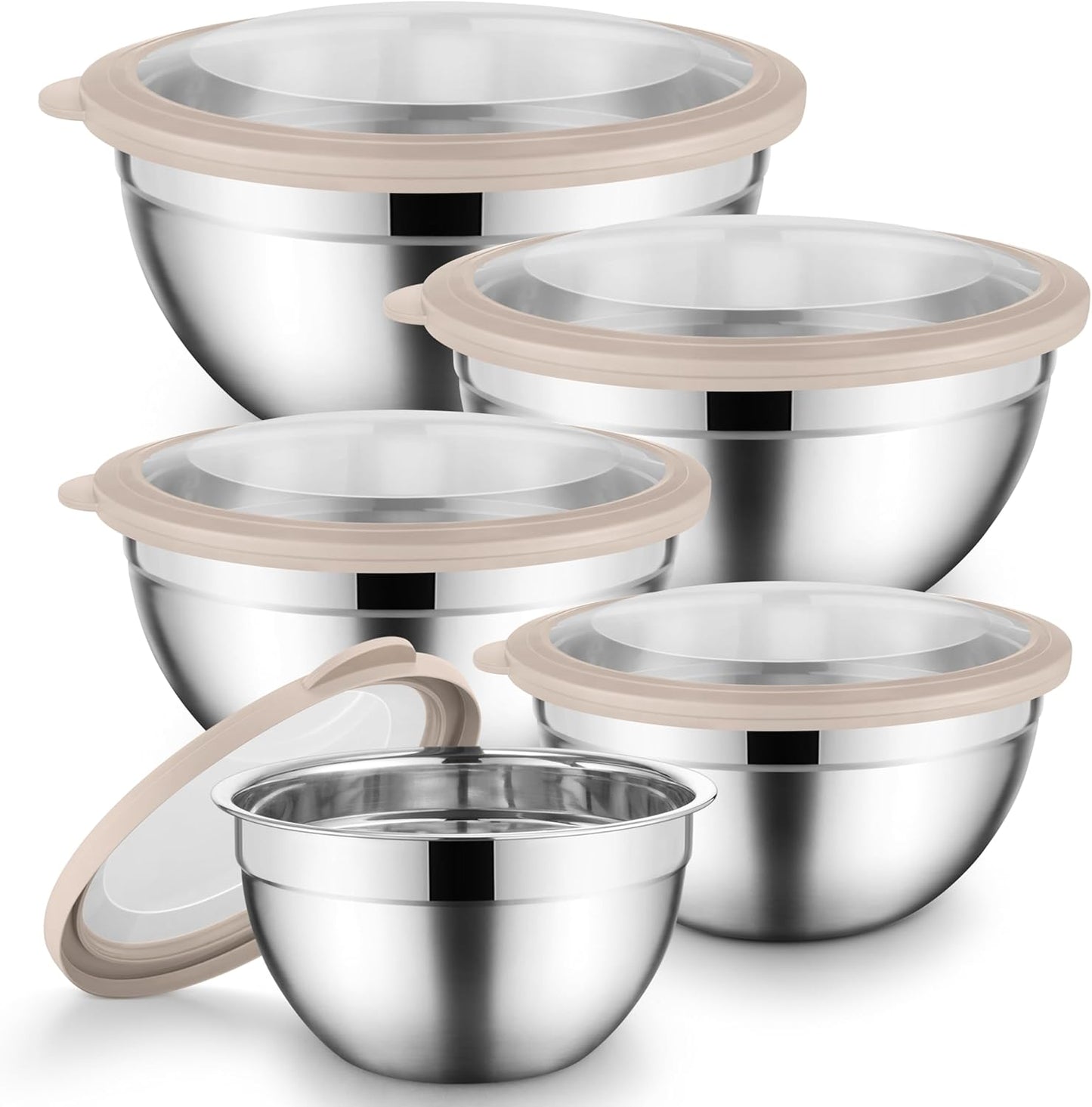 Mixing Bowl Set of 5 for Kitchen, Stainless Steel Metal Nesting Mixing Bowls with Khaki Lids – Size 1.5, 2, 2.6, 3.5, 4.6QT