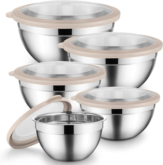 Mixing Bowl Set of 5 for Kitchen, Stainless Steel Metal Nesting Mixing Bowls with Khaki Lids – Size 1.5, 2, 2.6, 3.5, 4.6QT
