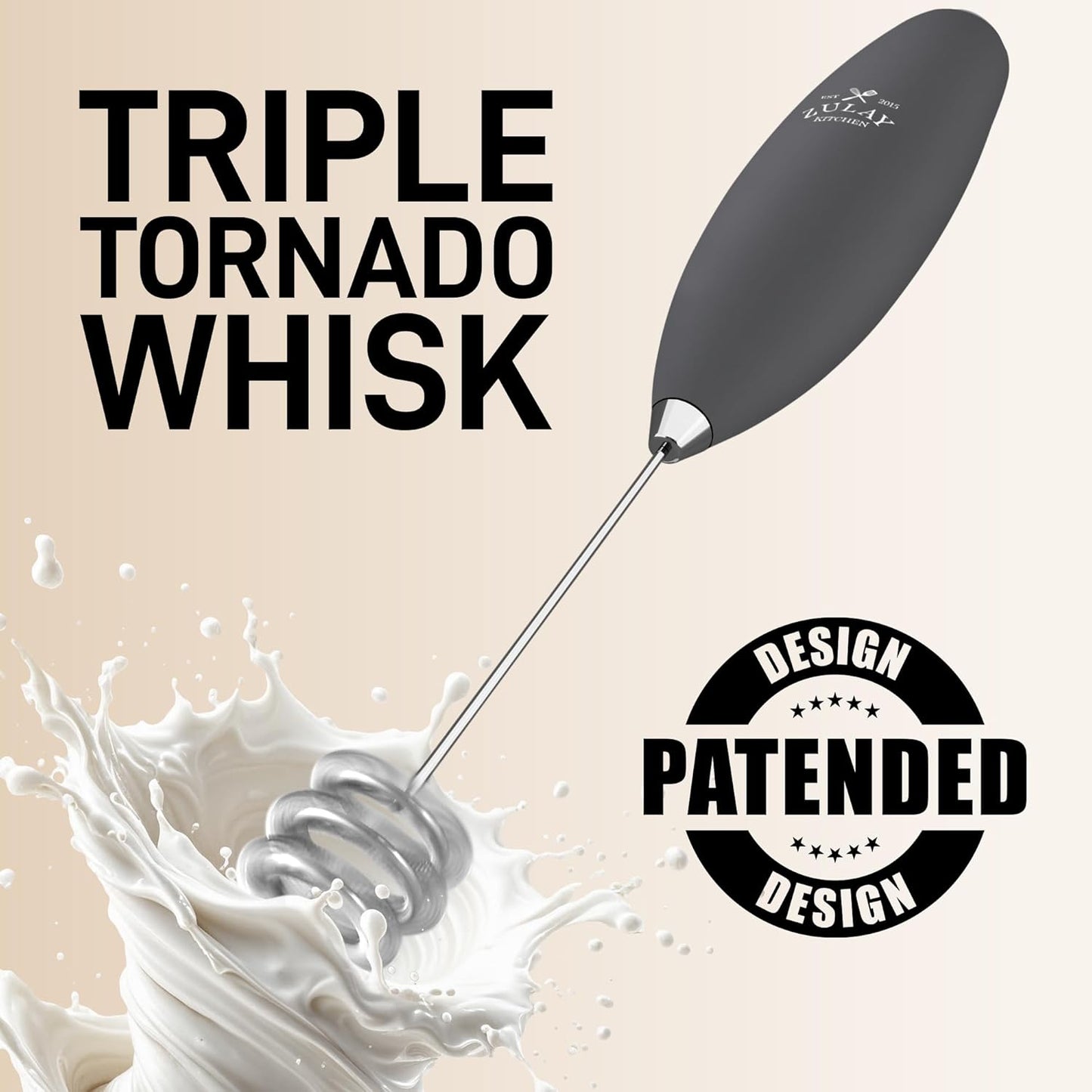 Zulay Kitchen Tornado Whisk Milk Frother with 4 AA Duracell Batteries - Triple Whisk for More Power - Handheld Coffee Frother with Stand - Drink Mixer for Lattes, Matcha & Protein Shakes