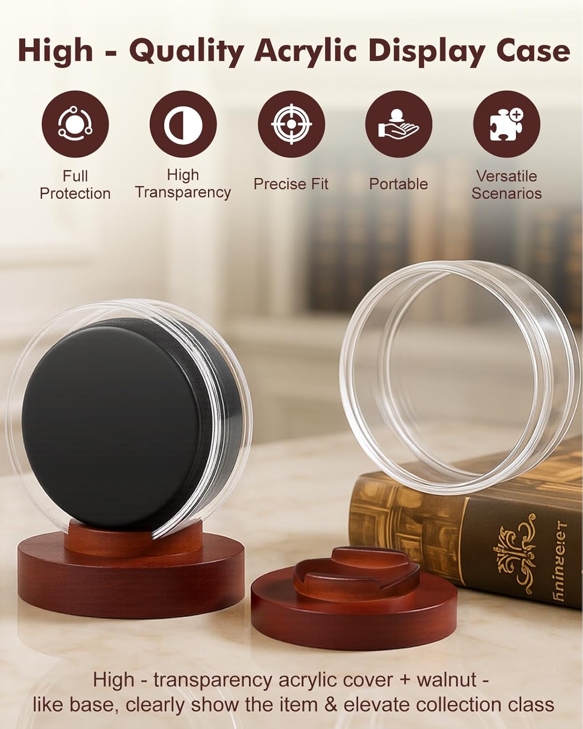 Hockey Puck Display Case, Premium Acrylic Display Box, UV Fade Protection, Solid Mahogany Base & Puck Holder, Signed Puck Collector's Showcase, for Hockey Enthusiasts, 3.15" x 3.15" x 3.07"