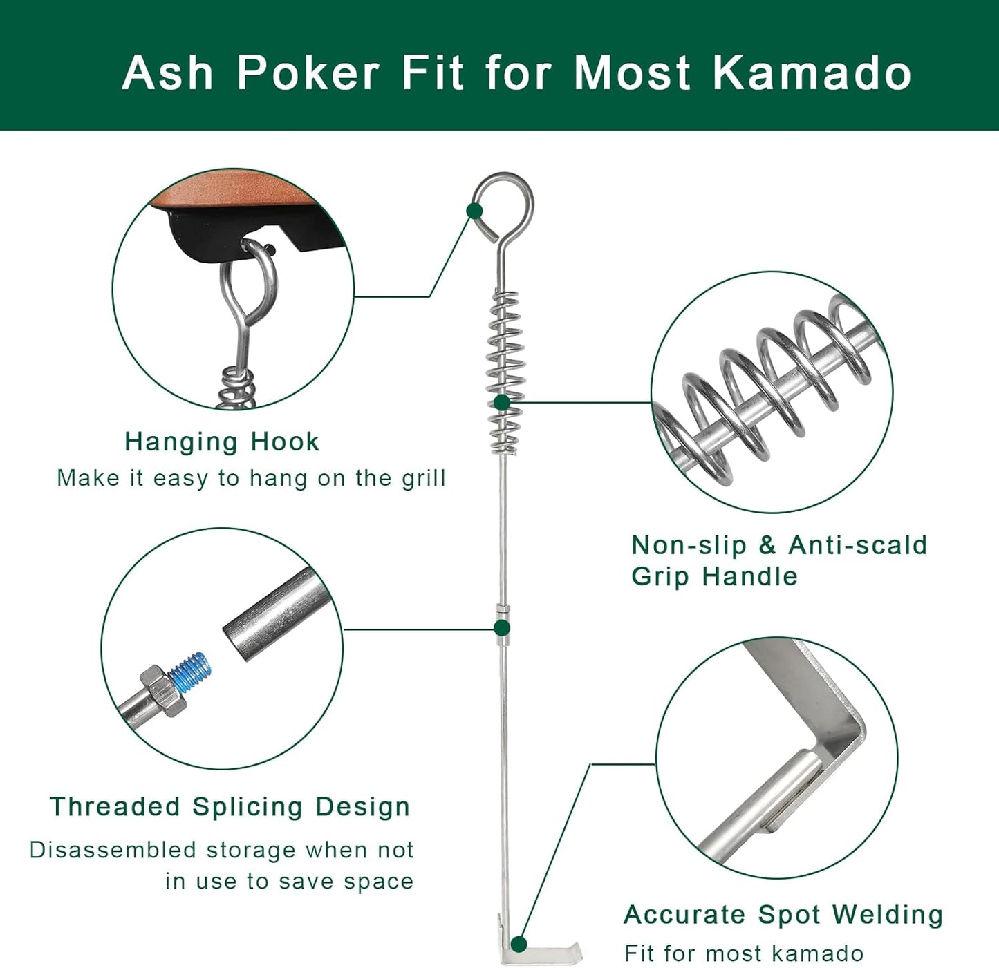 BBQ Ash Removal Tool Set for Big Green Egg Accessories, Kamado Grill Cleaning Tools Include Ash Rake and Ash Pan and Grill Grate Lifter(at+AP+GG)