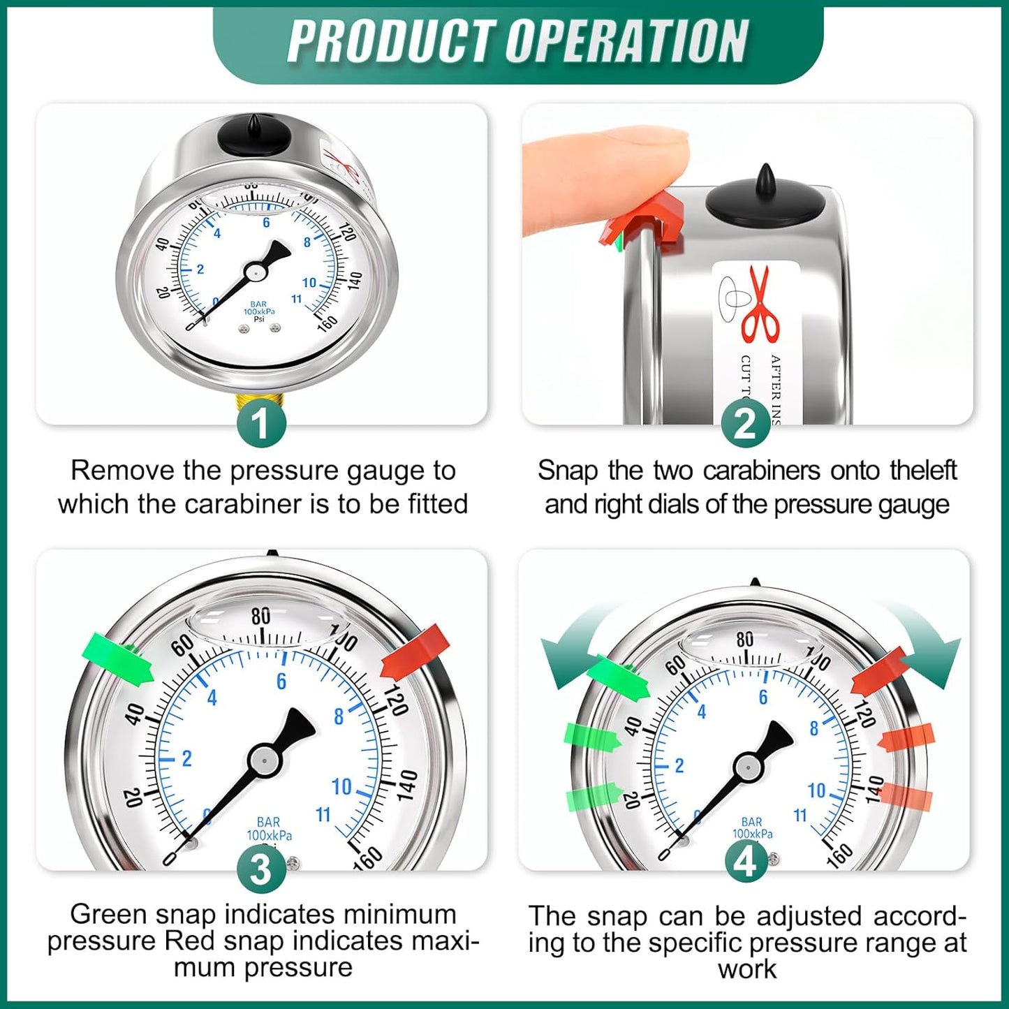 0-160psi Stainless Steel 1/4" NPT 2.5" Dial, Glycerin Liquid Filled Pressure Gauge Lower Mount Designed for Pressure Testing of Water, Oil and Air (with Range Mark Pointer)