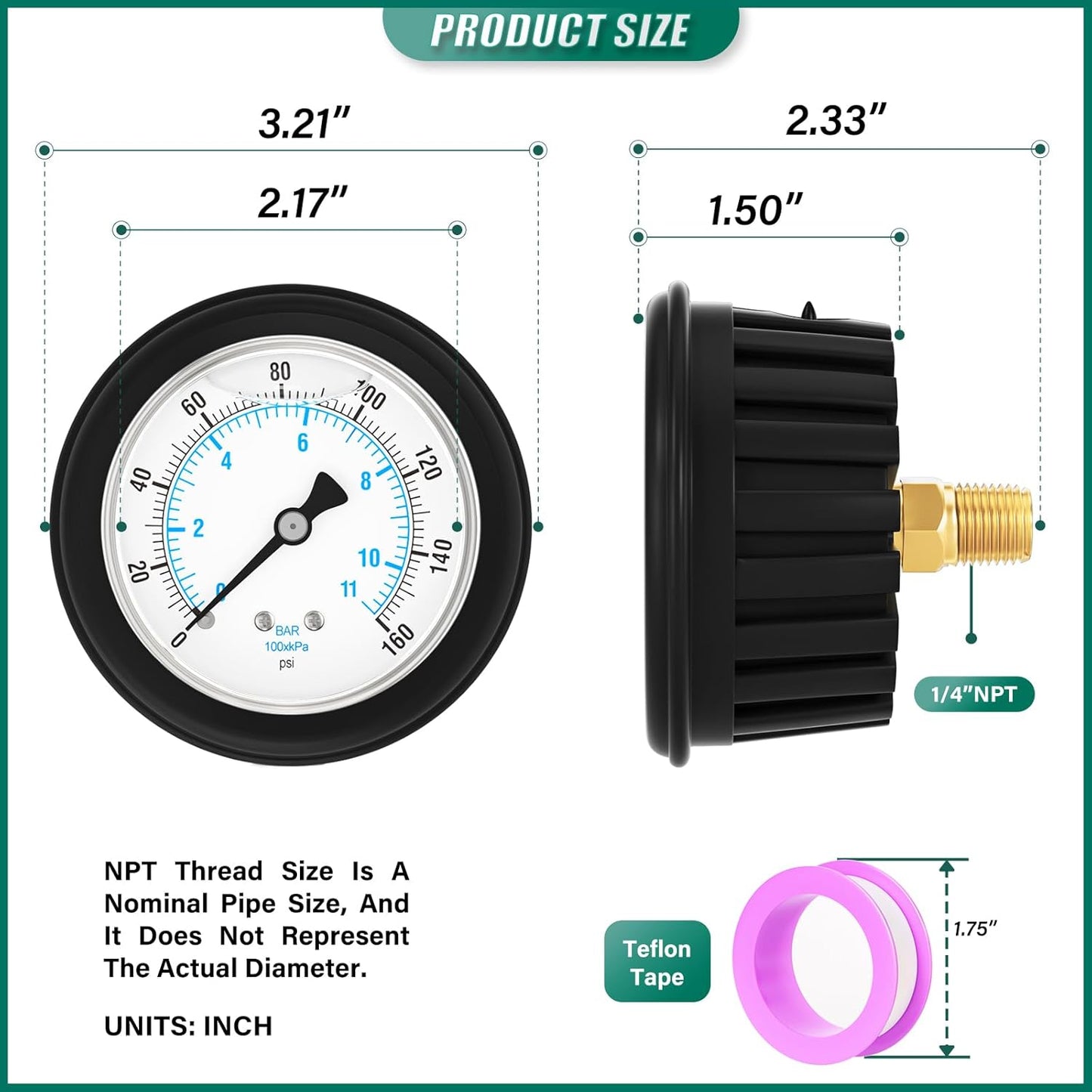0-160PSI Stainless Steel Liquid Filled Pressure Gauge, 2.5" Dial Size, 1/4" NPT Back Mount, with Rubber Protective Sleeve, for Tube, Water Pump, Gas, Liquid, Pressure Test