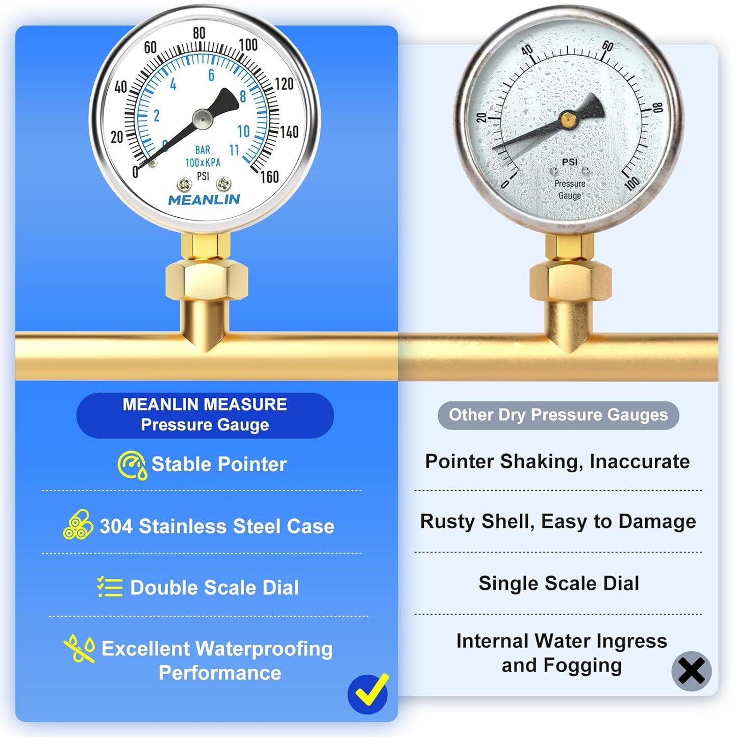 MEANLIN MEASURE 0~160Psi Dry Pressure Gauge Stainless Steel 1/4" NPT 2" FACE DIAL Waterproof for Air Compressor RV Regulator Water Pressure Tester Black Mount, with 1/2" NPT and 3/8" NPT Hex Bushing