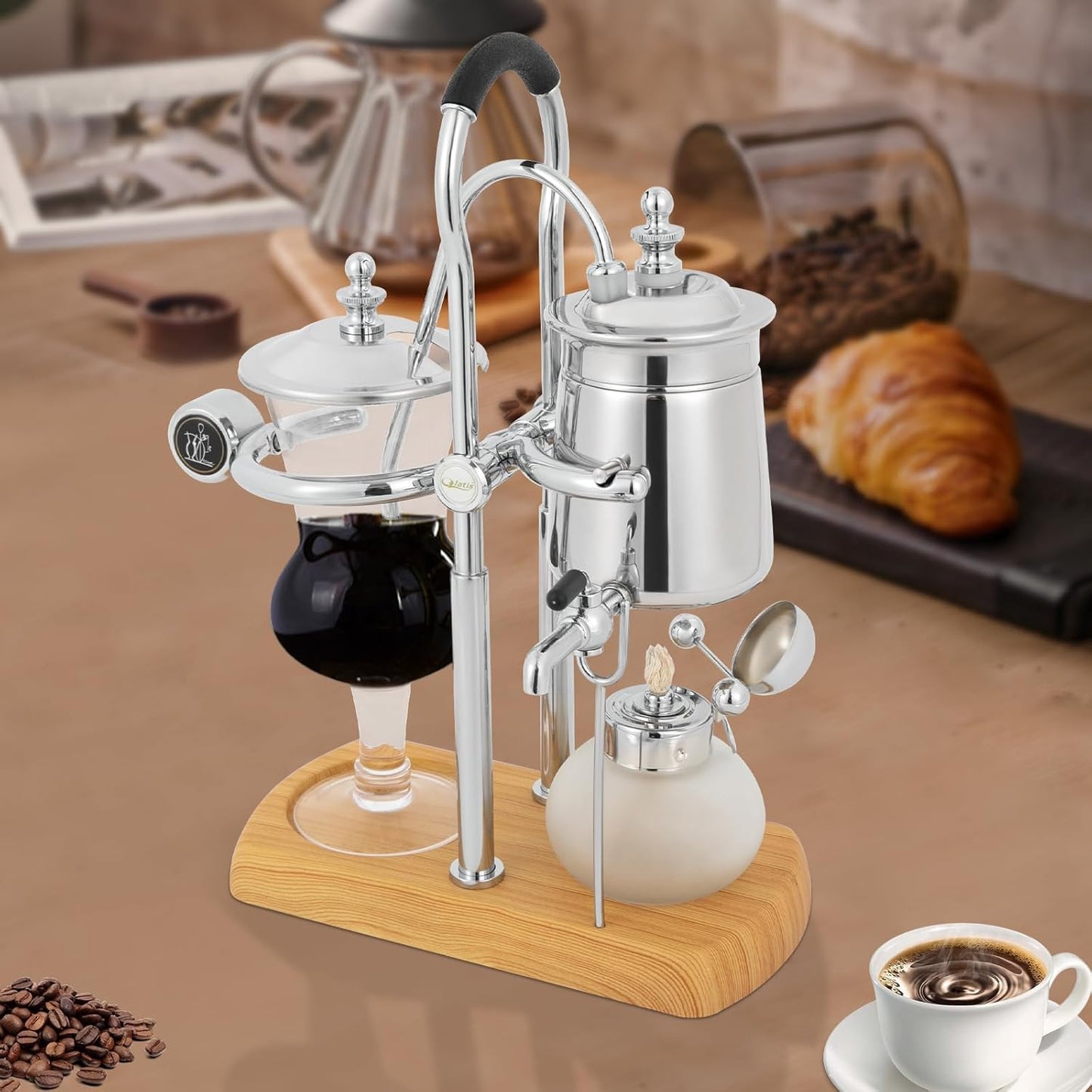Balance Siphon Coffee Maker, Coffee Brewer Vintage Coffee Maker with Alcohol Burner Bottle and Measuring Cup Spoon, 400ml Gravity Coffee Maker for Personal Kitchens Coffee Shops (Silver)