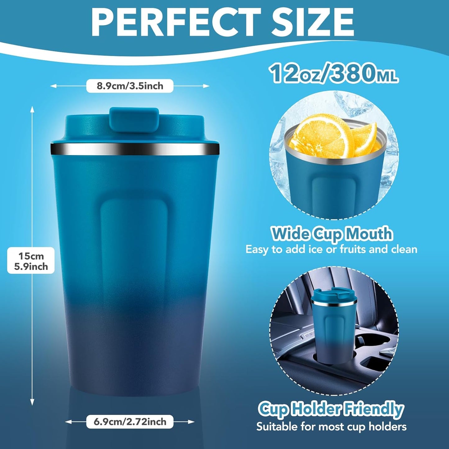 Volhoply 12 oz Double Wall Insulated Vacuum Travel Coffee Mugs with Flip Lid Bulk 2 Pack,Reusable Stainless Steel Leak Proof Coffee Cup,Portable Thermal Tumbler for Cold & Hot Drinks(Dark Night,2 Set)