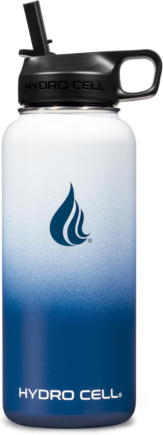 HYDRO CELL Stainless Steel Insulated Water Bottle with Straw - For Cold & Hot Drinks - Metal Vacuum Flask with Screw Cap and Modern Leakproof Sport Thermos for Adults (Navy/White 32oz)