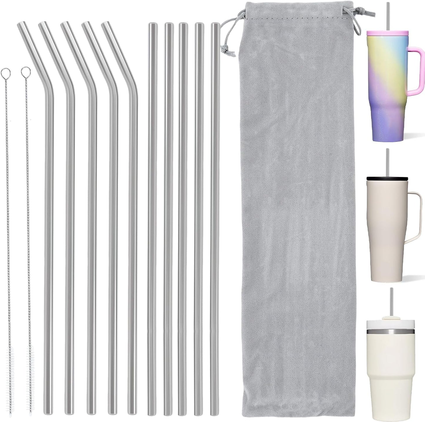 10 Pcs Stainless Steel Straw, Long Metal Straws for 40 Oz Tumbler Comes with Two Cleaning Brushes and A Bag, Reusable Drinking Accessories, Easy to Clean