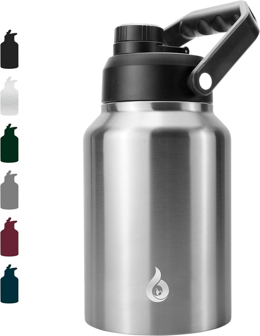 BJPKPK 64 oz Insulated Water Bottle, Dishwasher Safe Half Gallon Water Bottle with Ergonomic Handle, BPA Free Leak Proof Water Jug with Anti-slip Bottom, Stainless Steel Primary Color