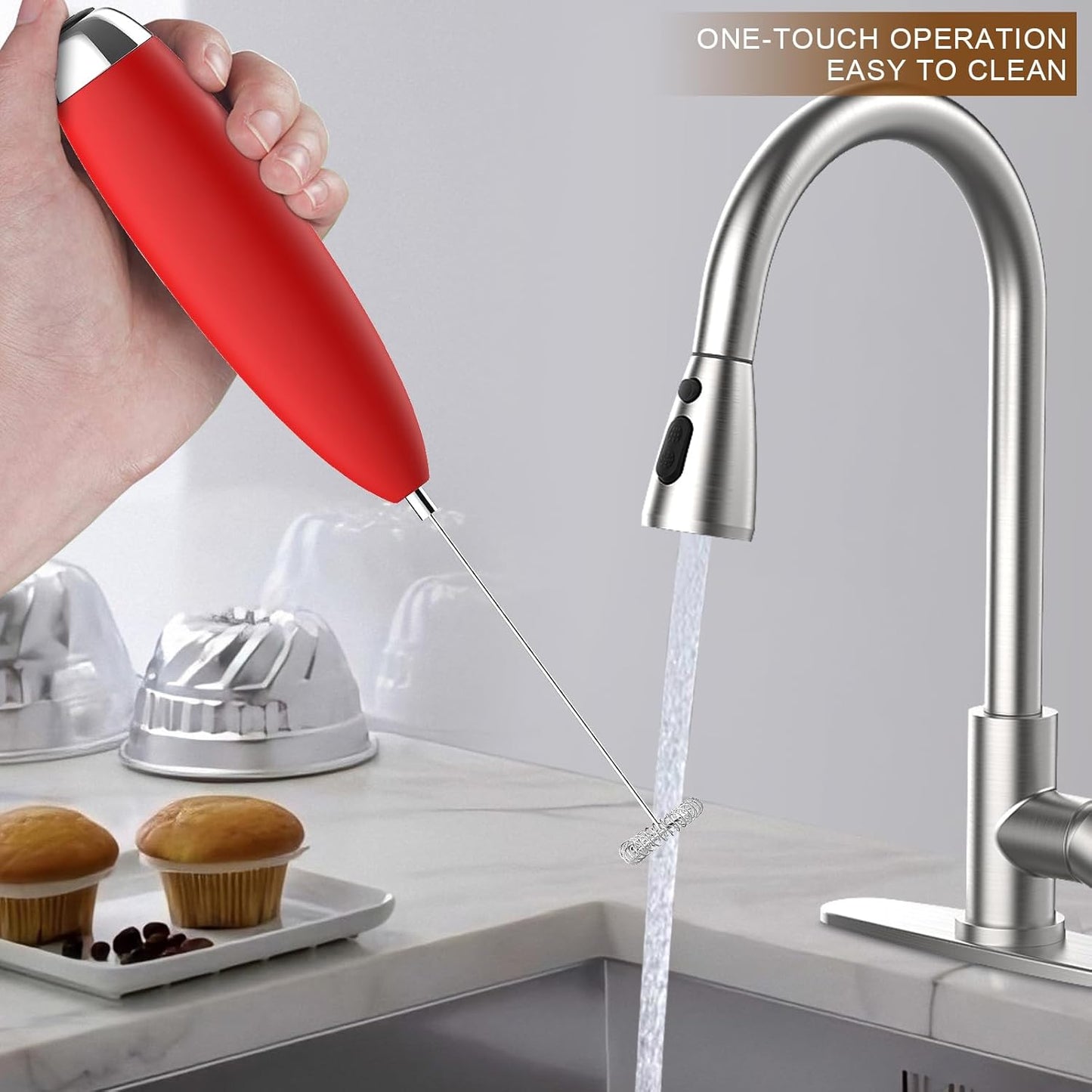 Electric Milk Frother Handheld For Coffee, Upgraded Motor Electric Whisk Durable Low Noise Mini Drink Mixer Portable Foam Maker For Cold Milk Bulletproof Coffee Latte Cappuccino Matcha in Kitchen, Red