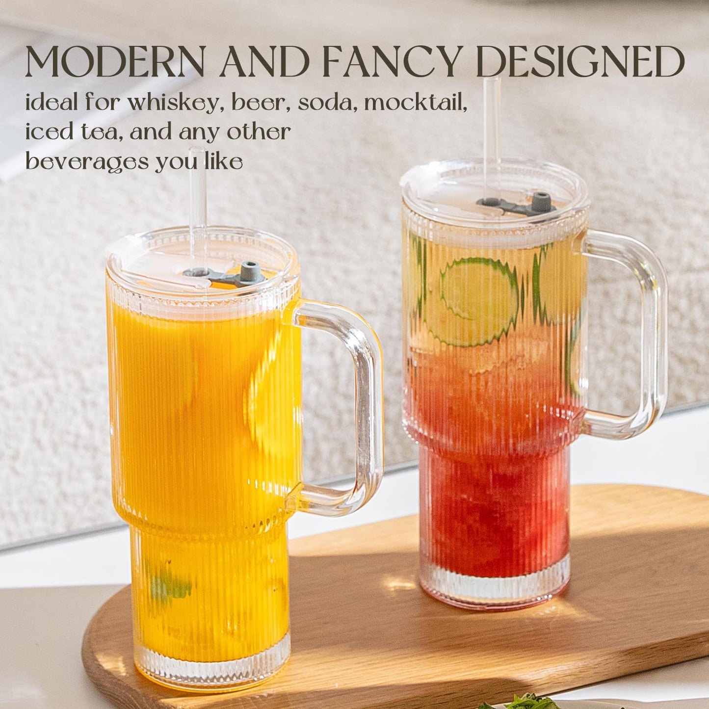 KEMORELA 2-Pack 26oz Ribbed Glass Tumblers with Handle & Lid – Large Iced Coffee Cups with Straws, Aesthetic Glass Mugs for Cold & Hot Drinks, Reusable Smoothie & Tea Cups (2PCS Ribbed Tumblers)
