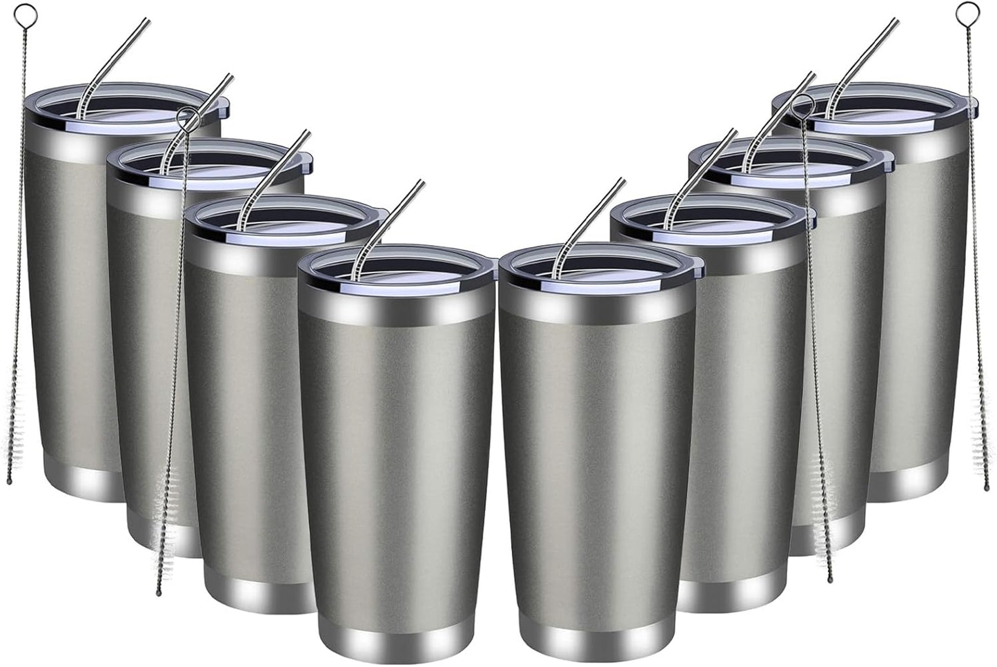 MEWAY 20oz Tumbler 8 Pack Double Wall Vacuum Insulated Travel Mug Bulk, Stainless Steel Tumblers with Lid and Straw, Durable Powder Coated Coffee Cups for Cold & Hot Drinks (Cold Gray, 8)