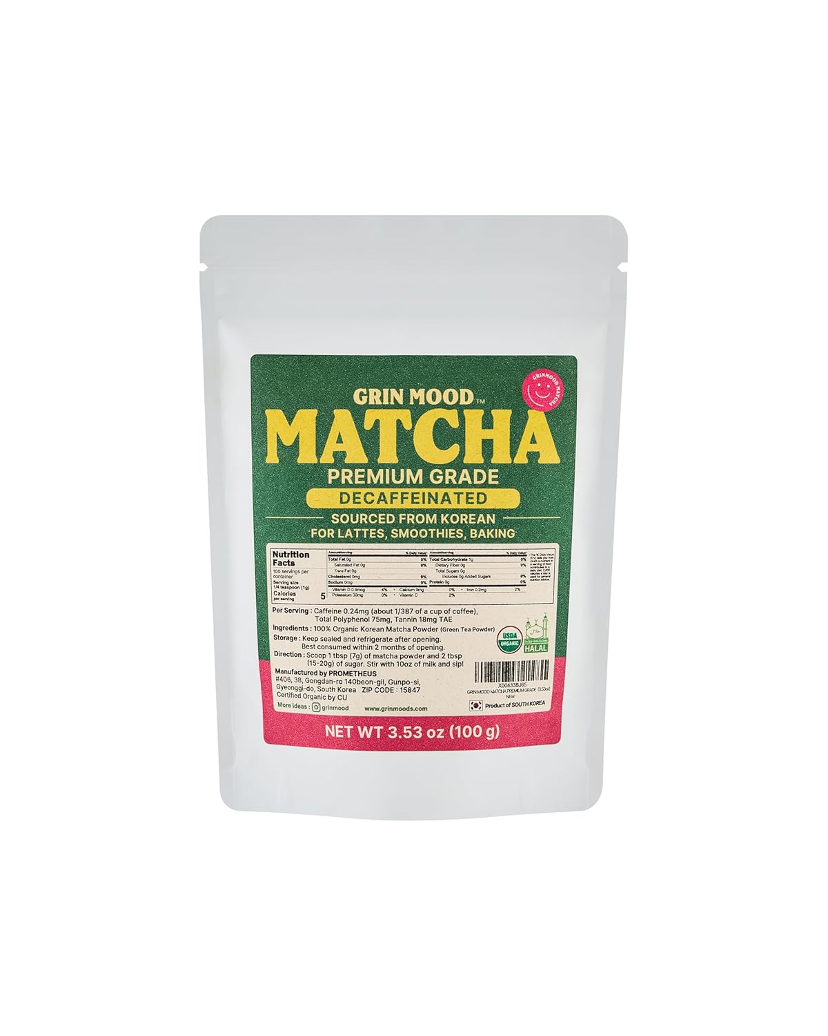 GRIN MOOD Matcha Powder Organic Green Tea Powder - Decaffeinated Green Tea, Authentic Korean Matcha, Halal (3.53oz, Premium Grade)