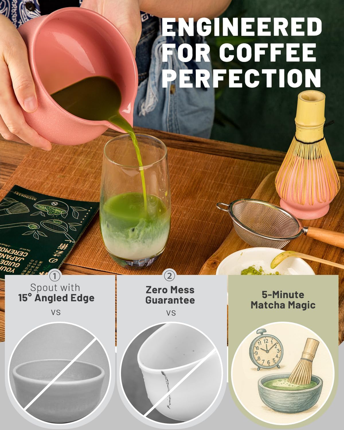 Nucookery Matcha Set - 5PCS Matcha Whisk Set, 18OZ Matcha Bowl (Chawan) with Spout, Matcha Whisk (Chasen) and Holder, Bamboo Matcha Scoop and Sifter, Matcha Kit/Tools/Accessories for Tea Ceremony